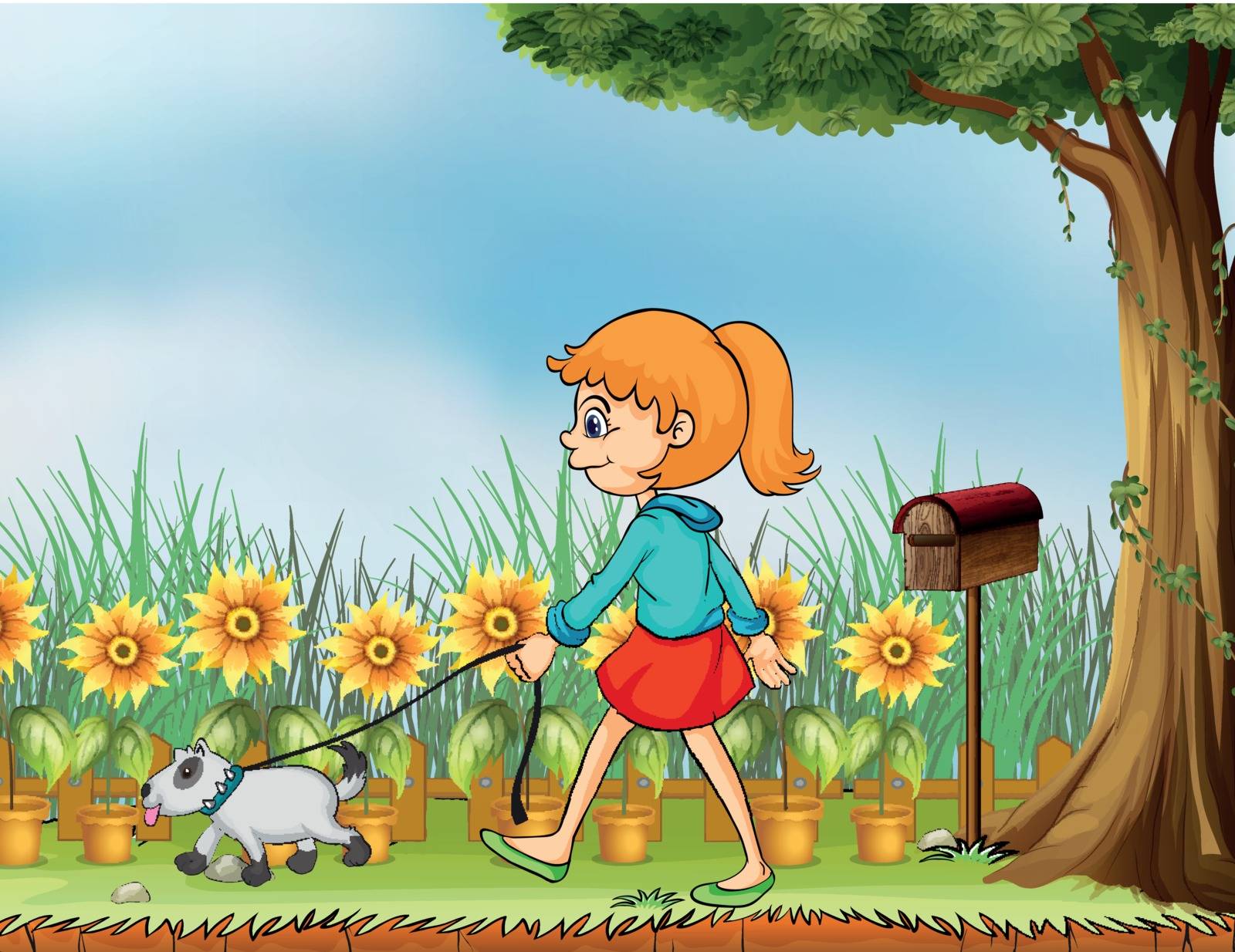 Illustration of a girl with her pet in the garden