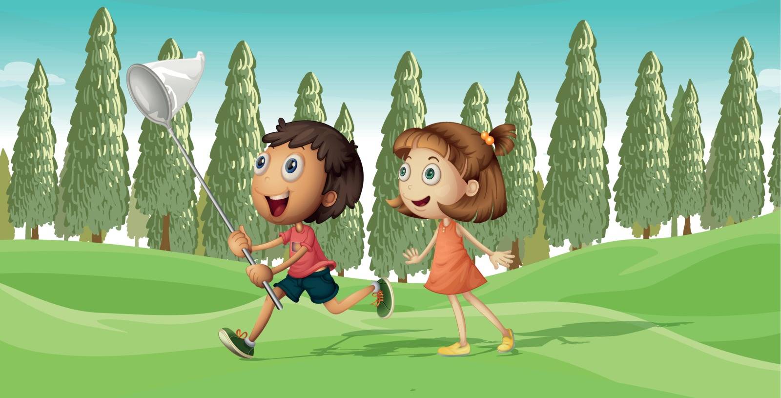Illustration of a running boy and a girl with net