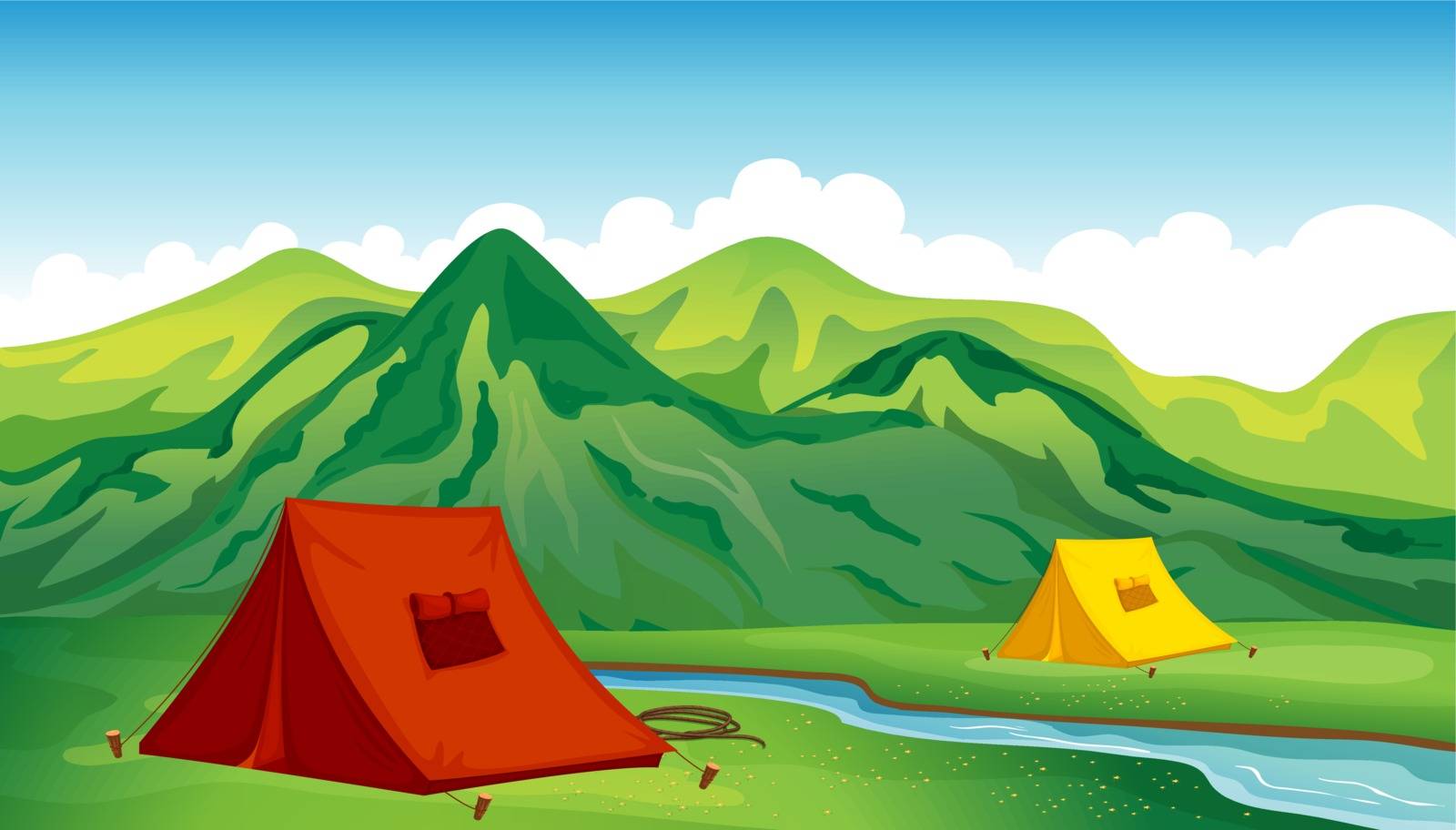 Illustration of a camping site near the river and mountain