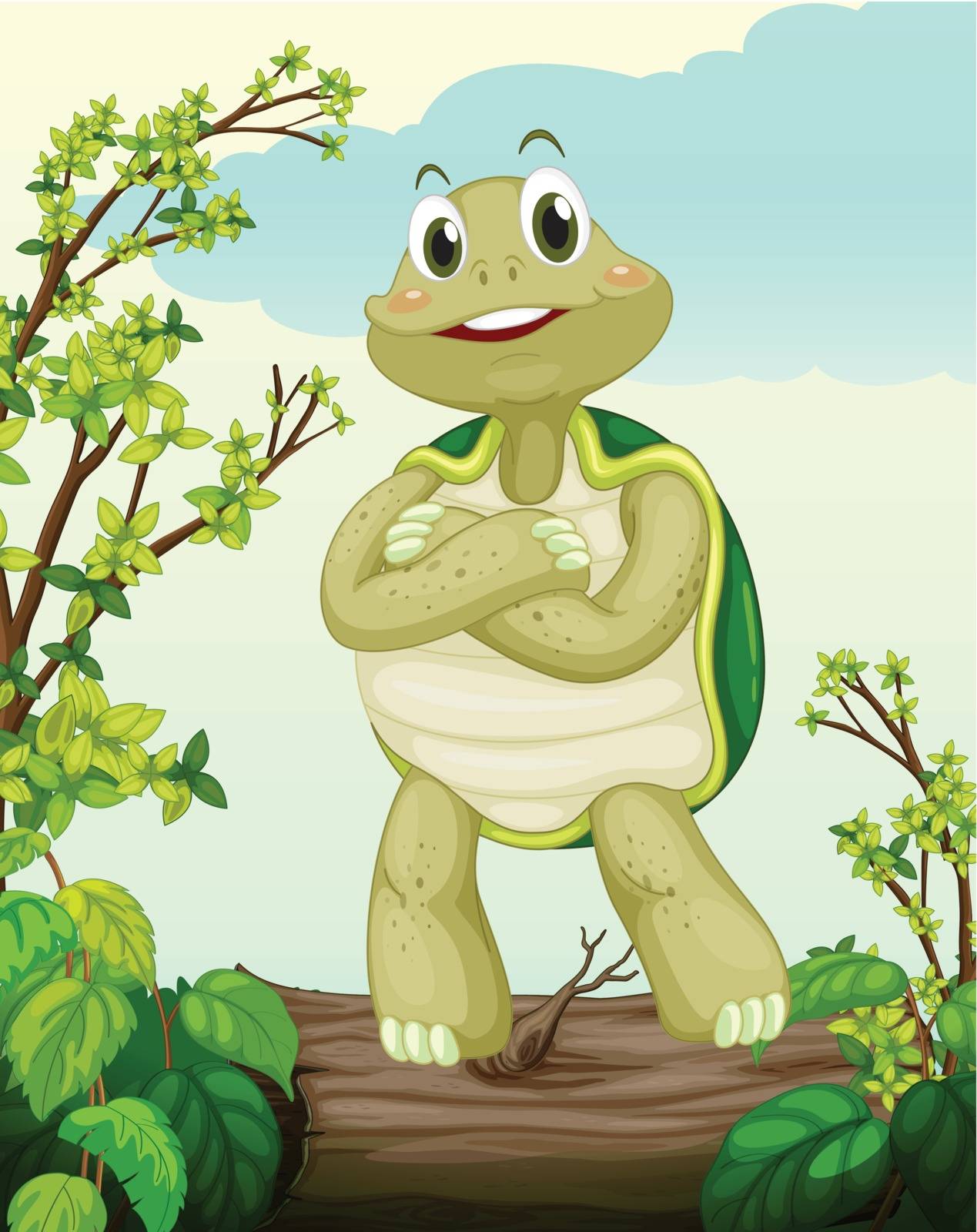 Illustration of a turtle standing on dry wood in a beautiful nature