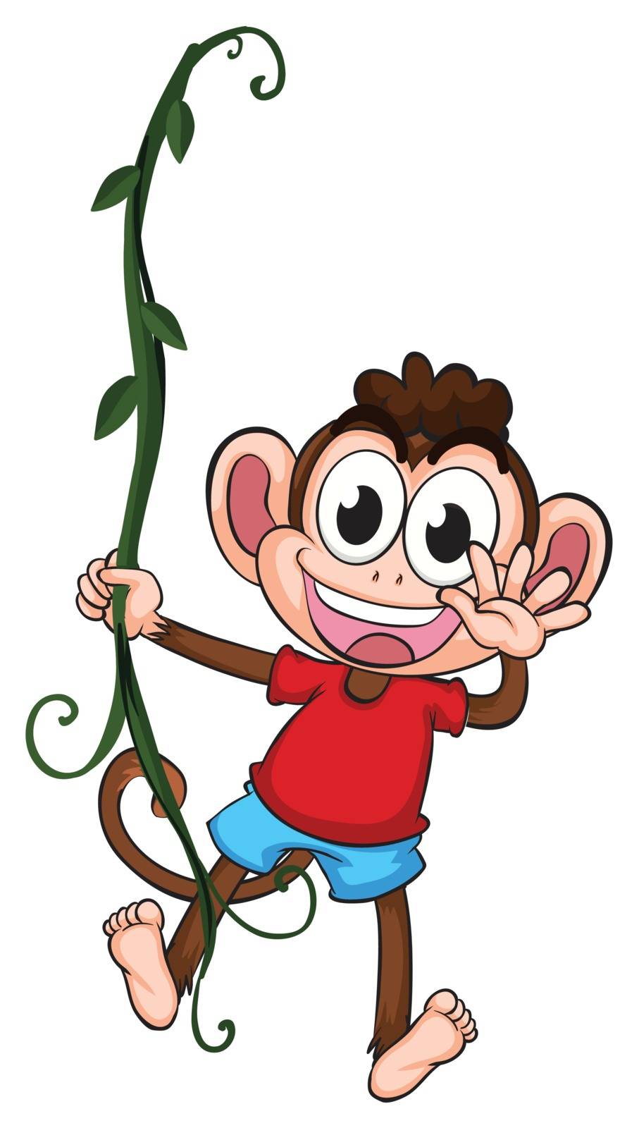 Illustration of a monkey hanging on a plant on a white background