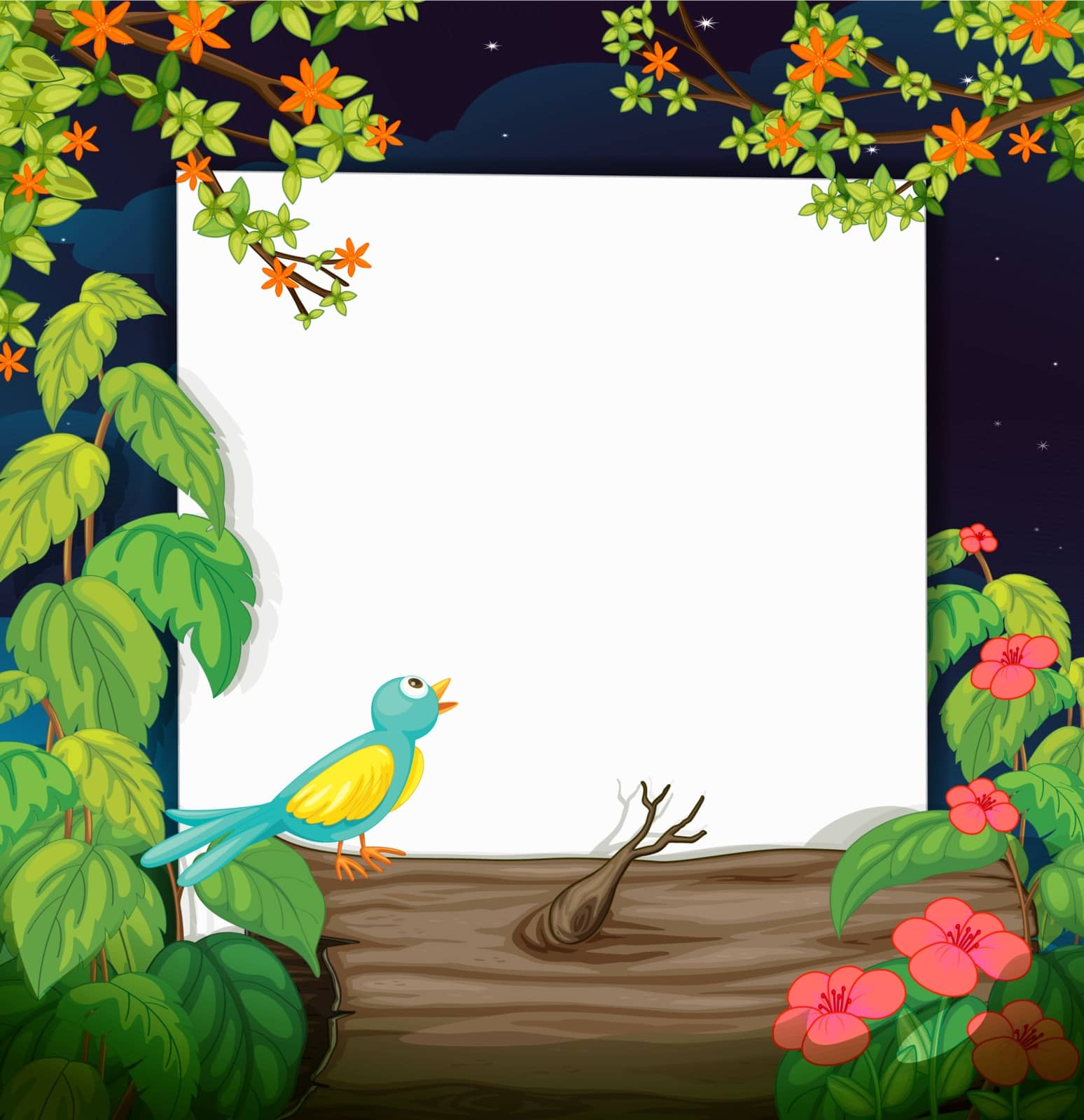Illustration of a bird and a white board in a beautiful dark night