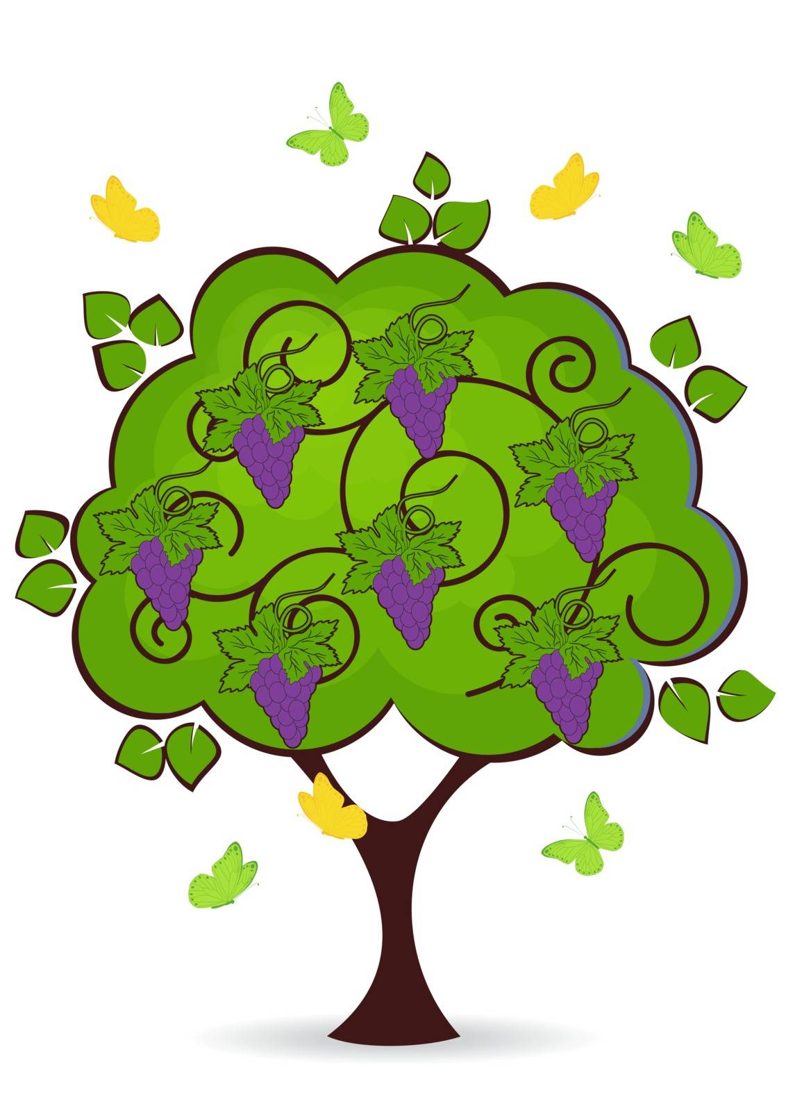 tree with grapes and butterflies fly around