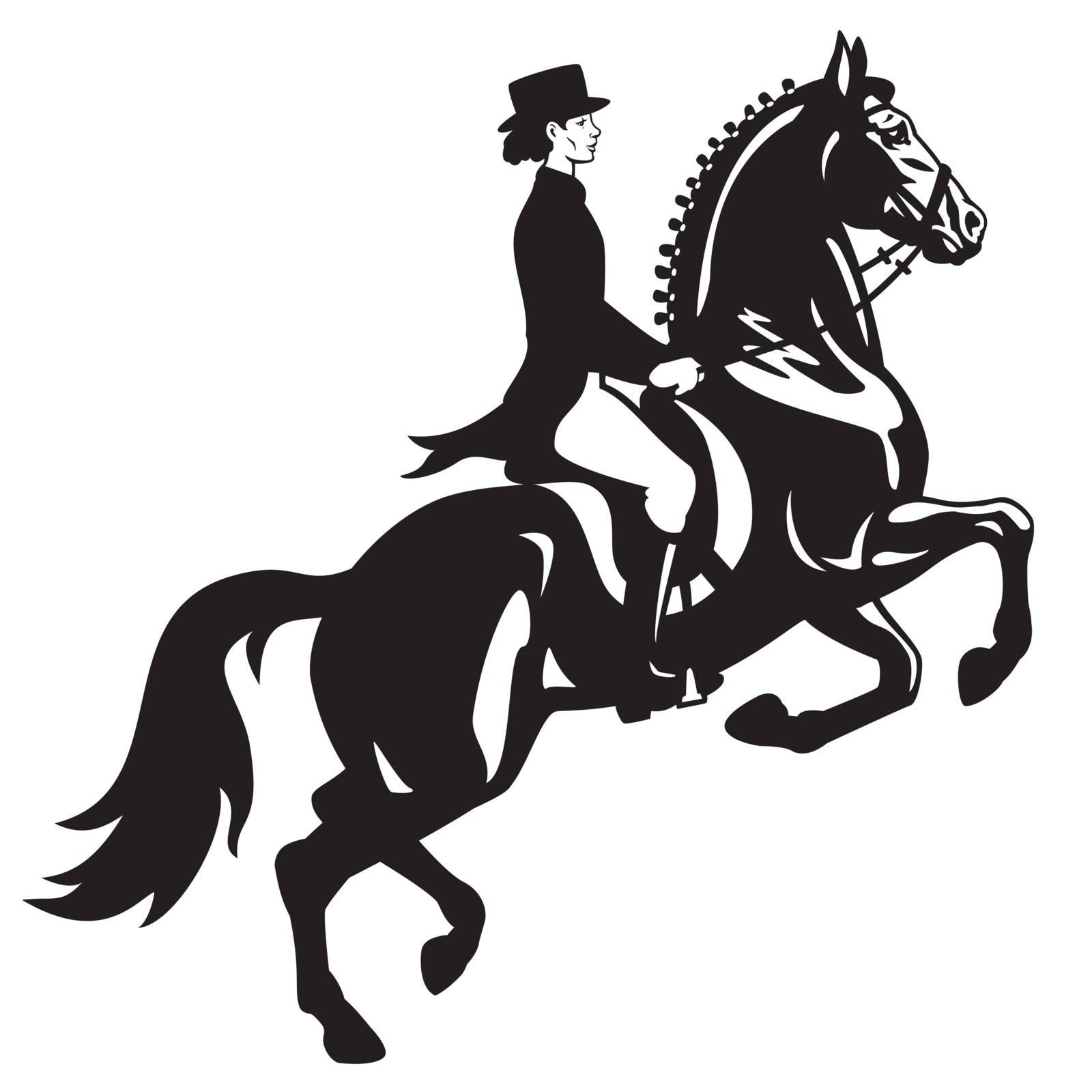 horse rider, dressage equestrian sport, black and white side view image