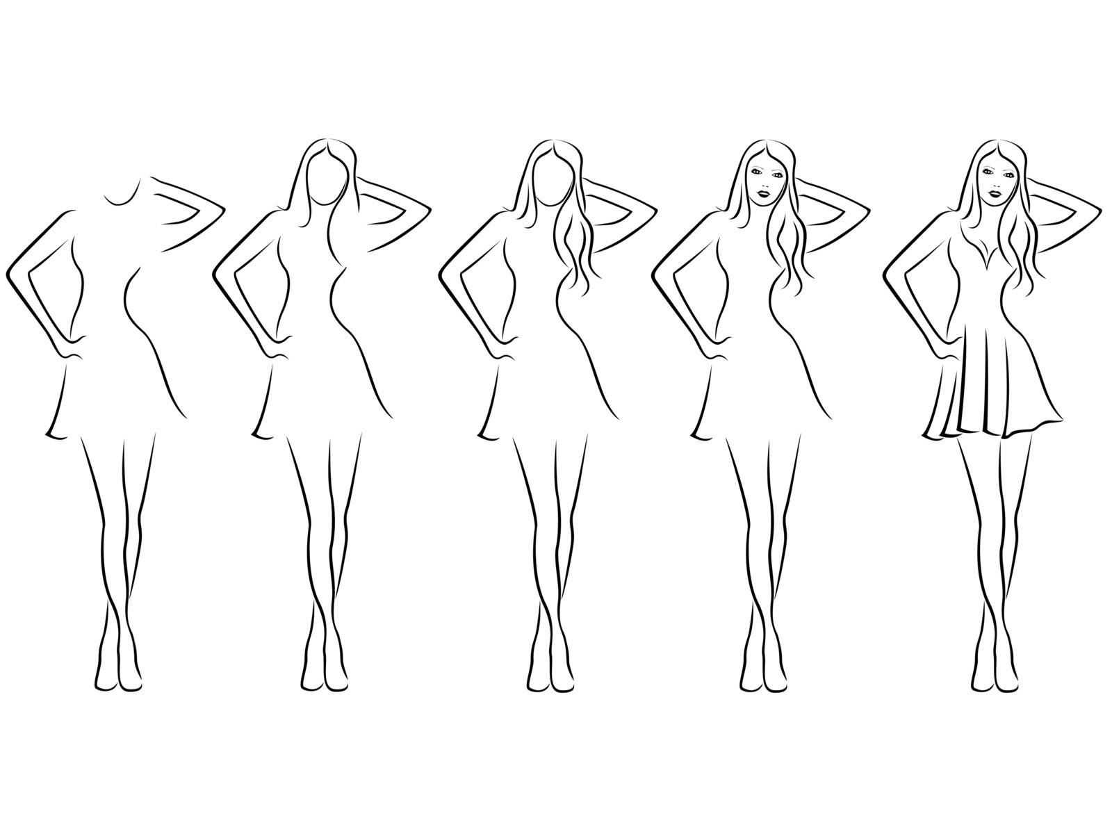 Sequence of hand drawing creation a beautiful young women vector contour with five steps. Model of each stage can be used as a self-contained image