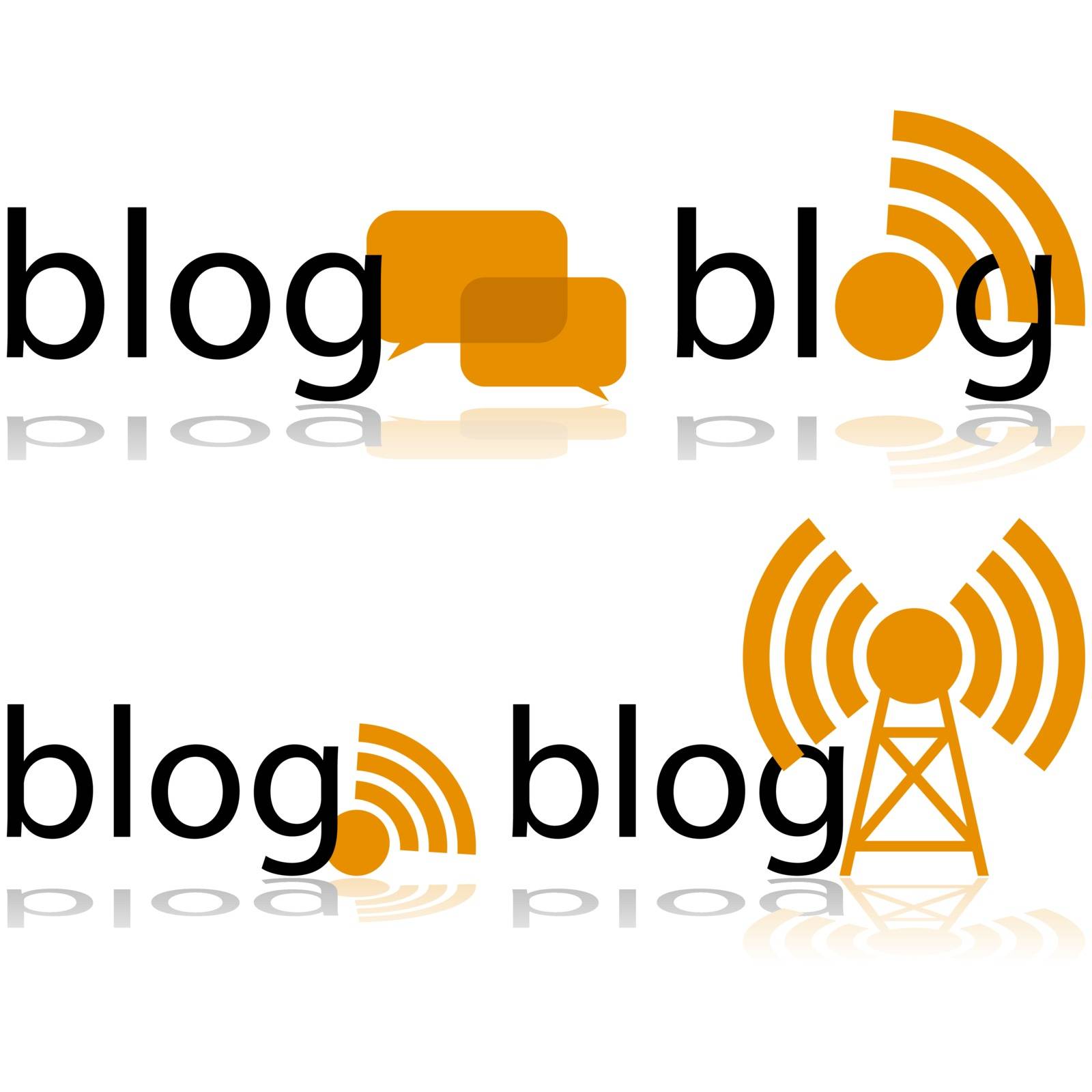 Icon set showing the word blog combined in different ways with smaller symbols for transmission or conversation