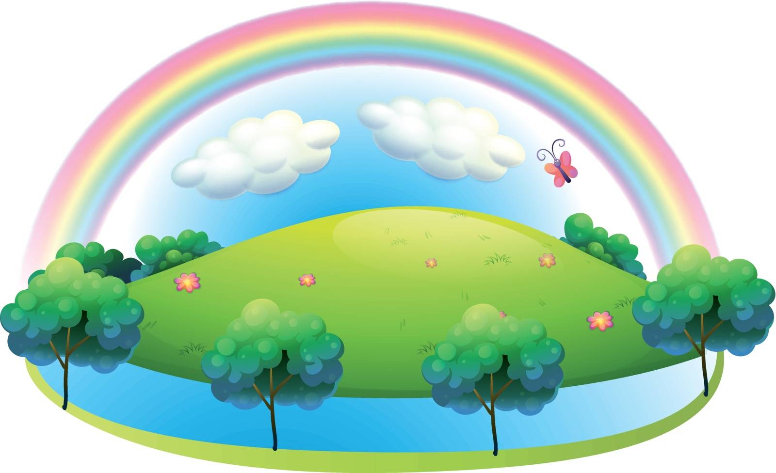 Illustration of a rainbow at the hill on a white background