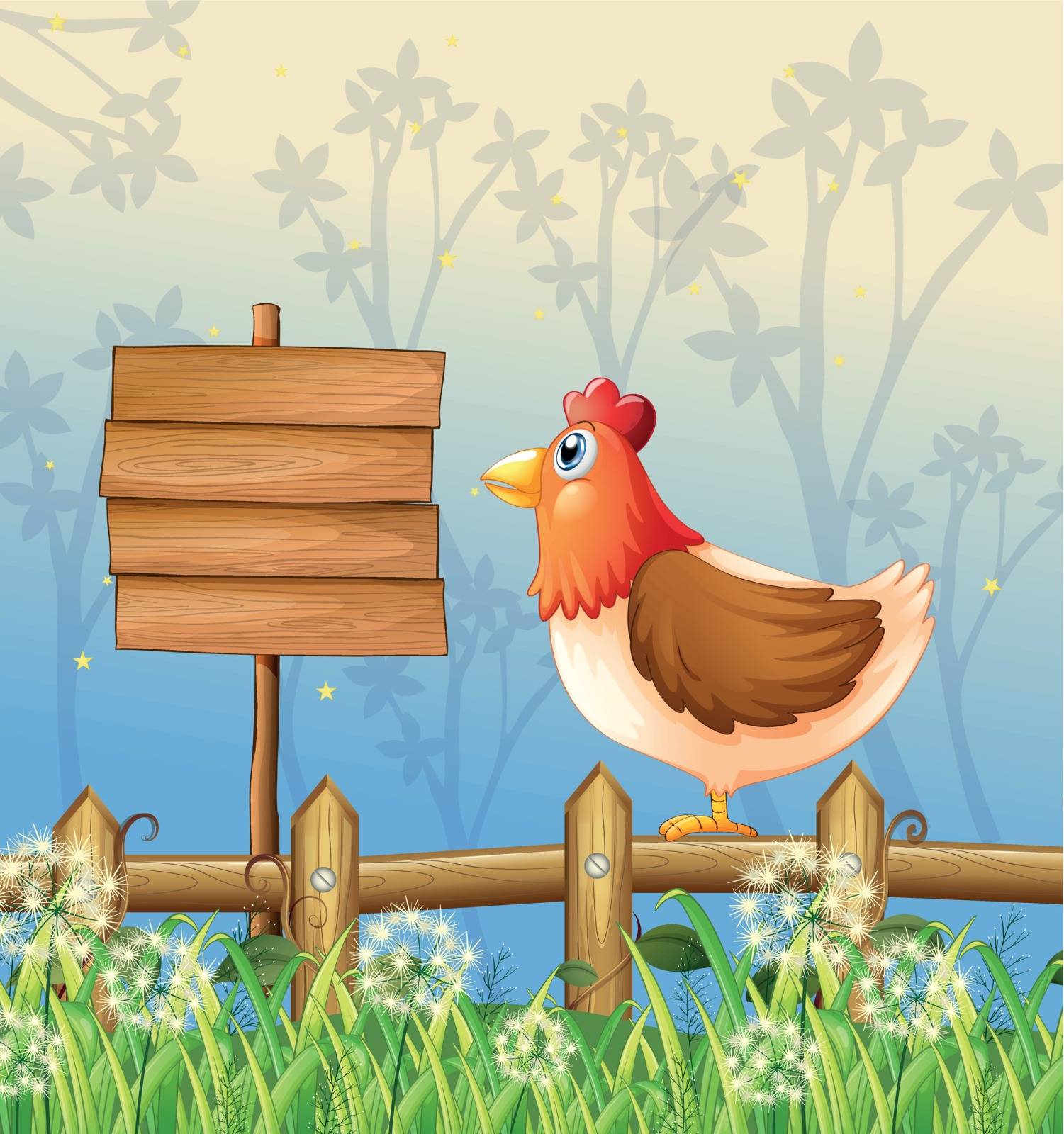 Illustration of a hen above a wooden fence facing a wooden signboard