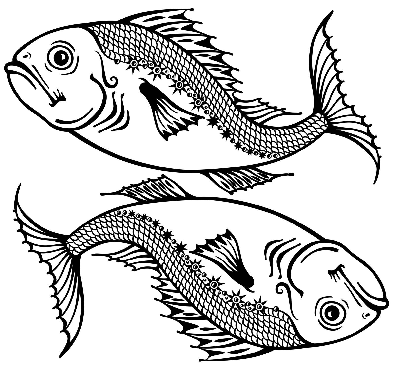 pisces astrological zodiac sign, black and white image