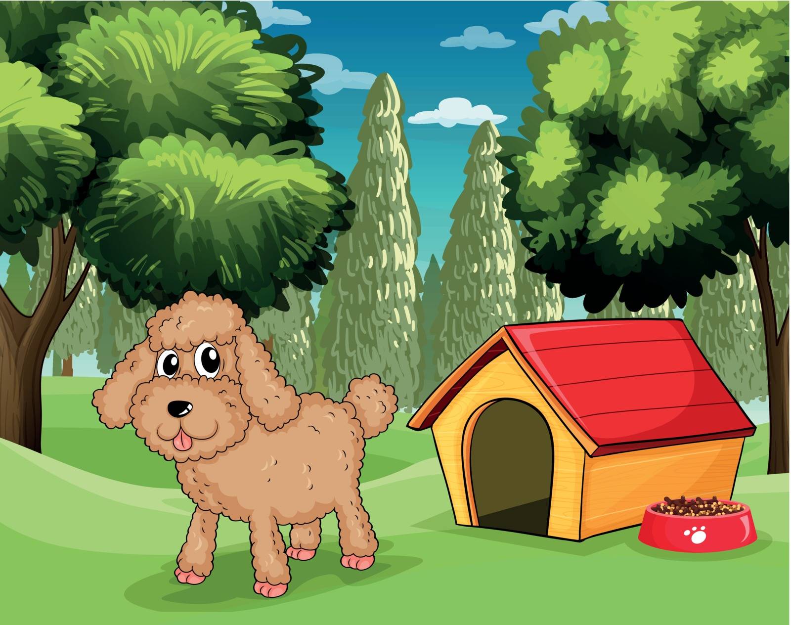 Illustration of a dog standing outside his dog house