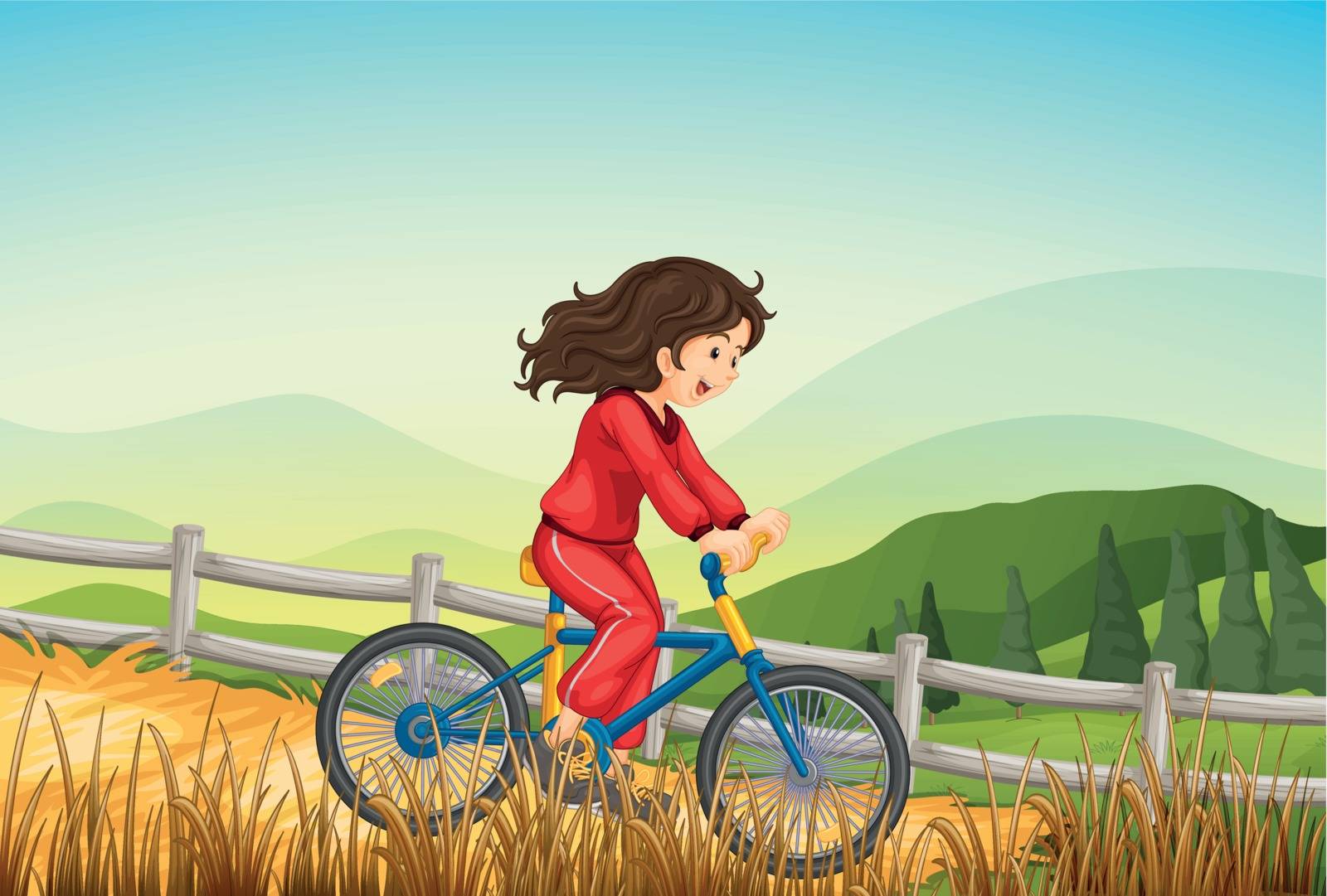 Illustration of a girl biking at the farm