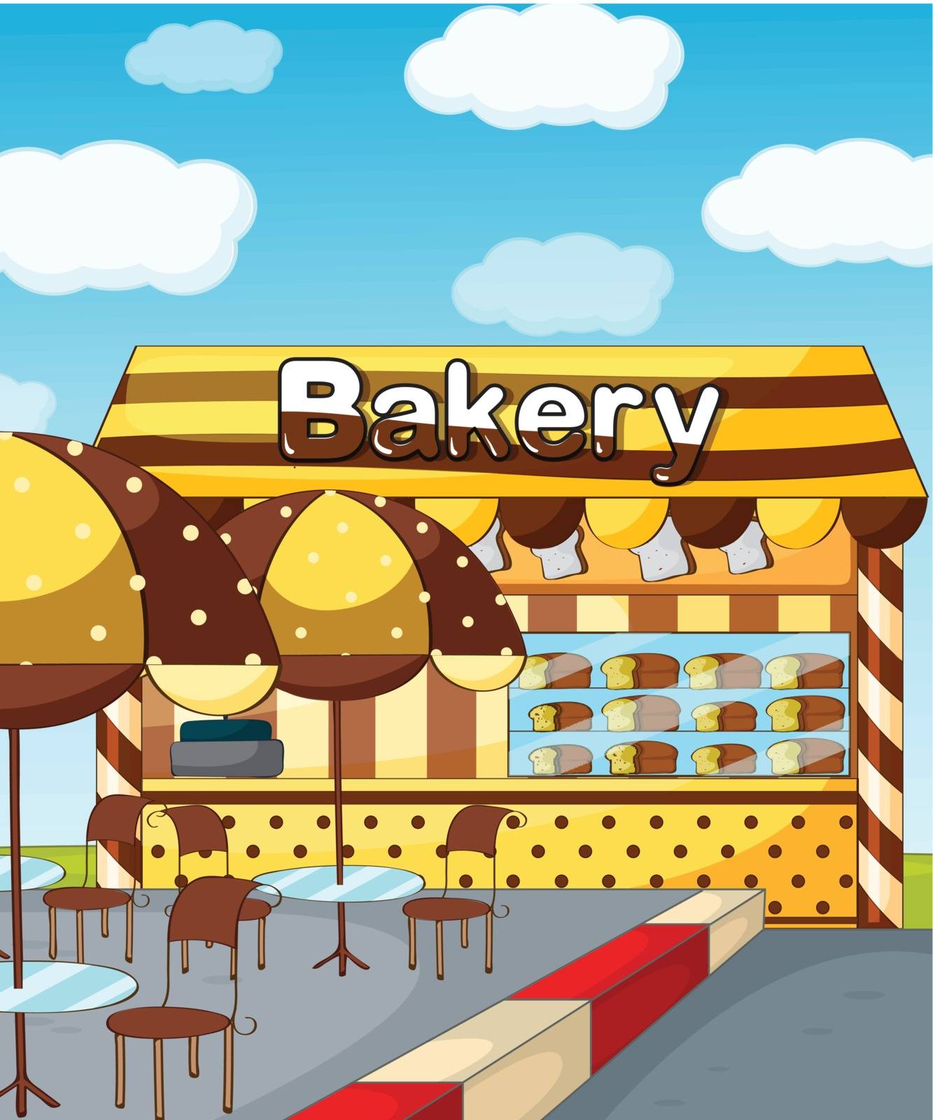 Illustration of a bakery store under a clear blue sky