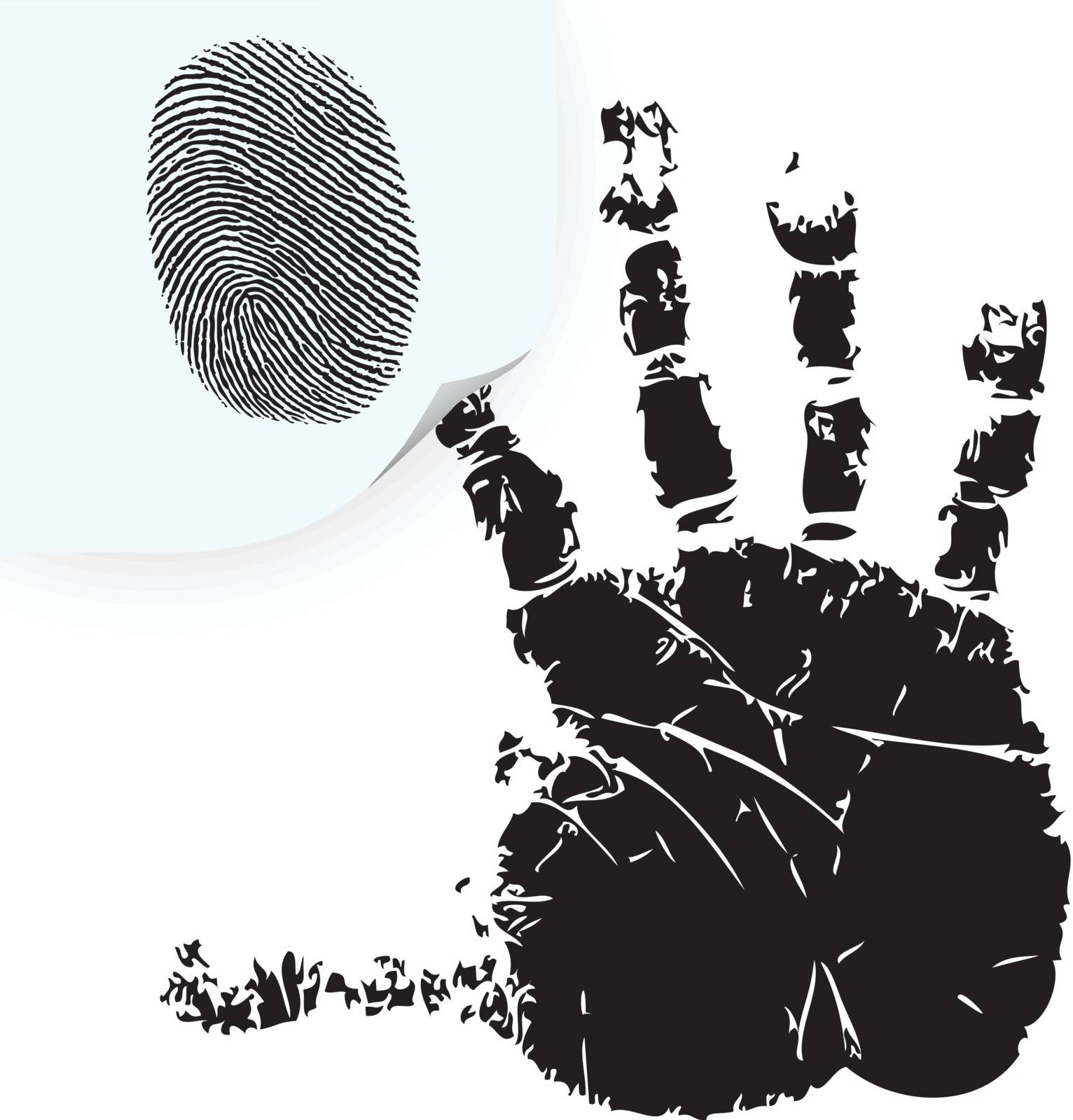 Fingerprint on the sticker and handprint. Vector illustration.