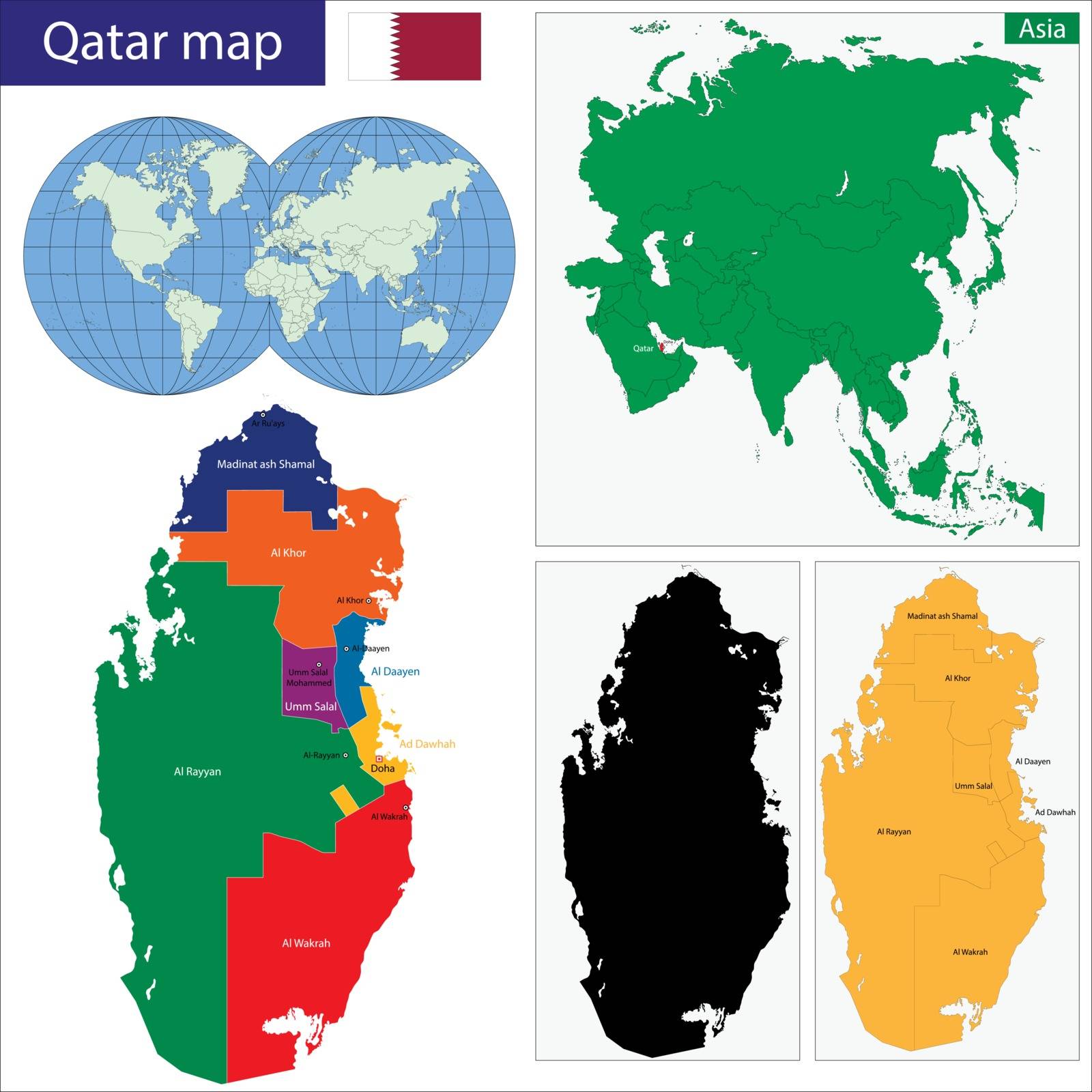 Map of the State of Qatar drawn with high detail and accuracy