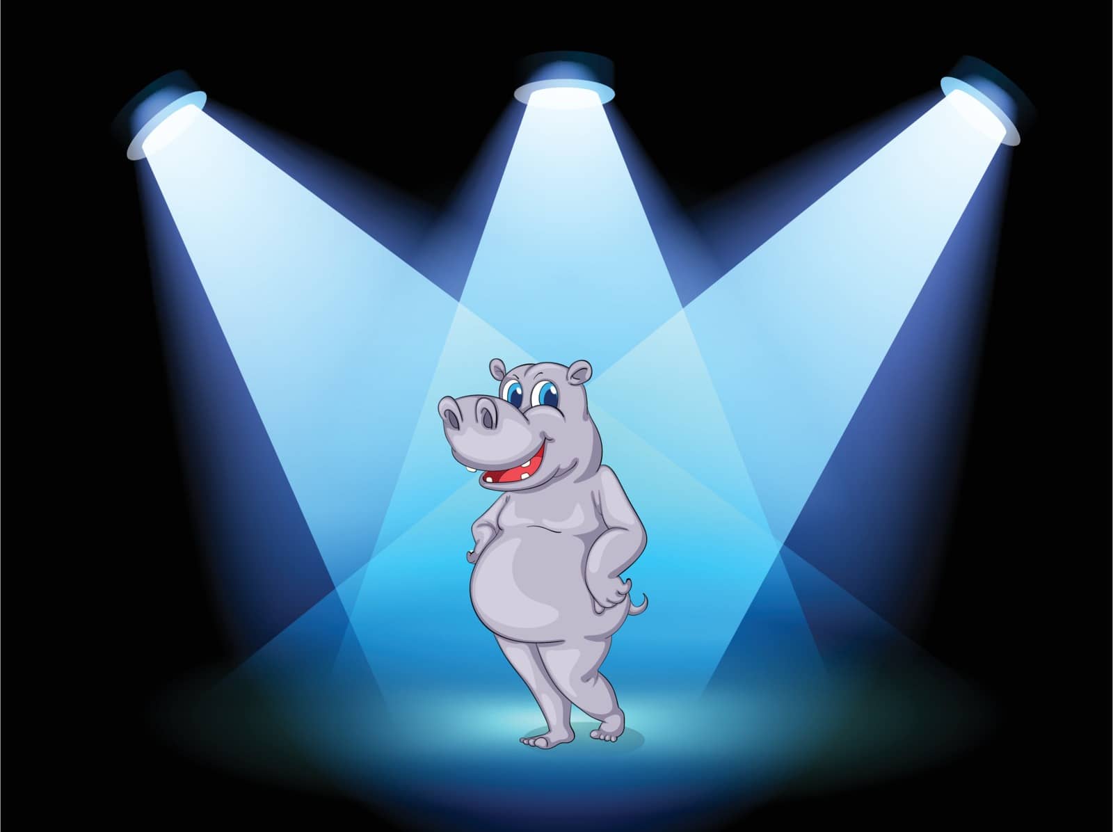 Illustration of a stage with a hippopotamus standing in the middle