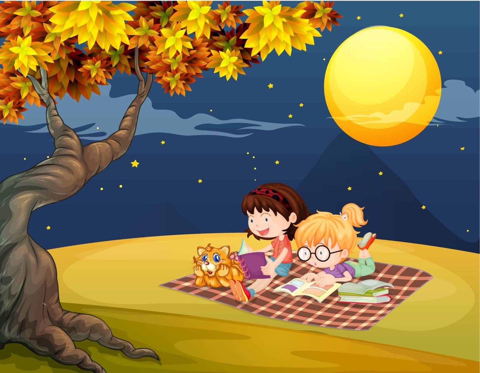 Illustration of girls reading under the bright full moon