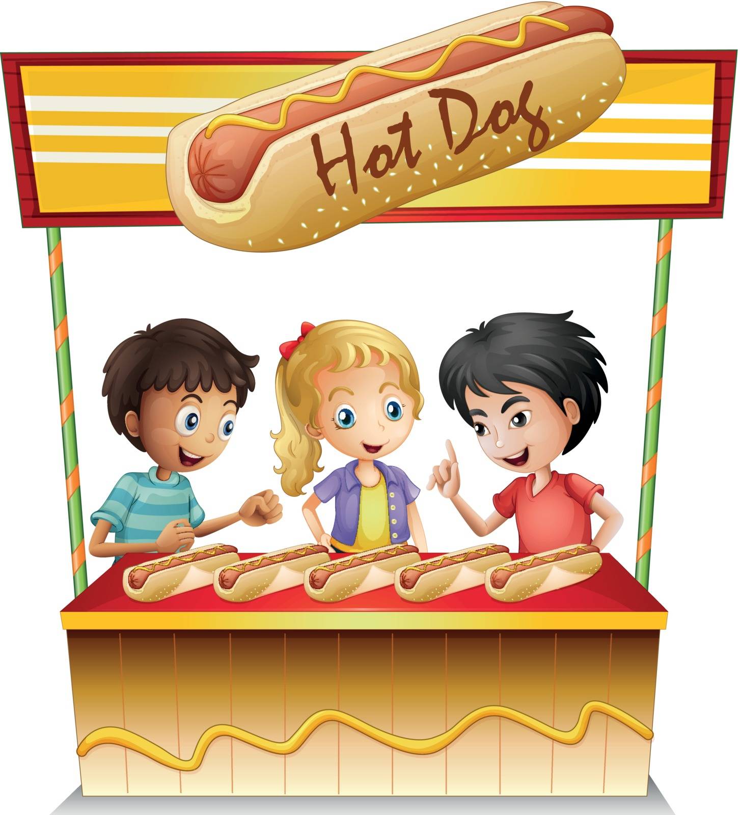 Illustration of the three kids in a hotdog stand on a white background