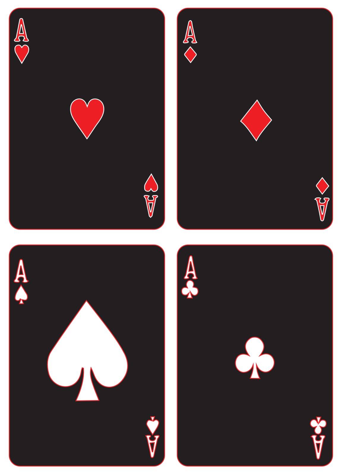 The four aces on black with red trim all isolated on a white background