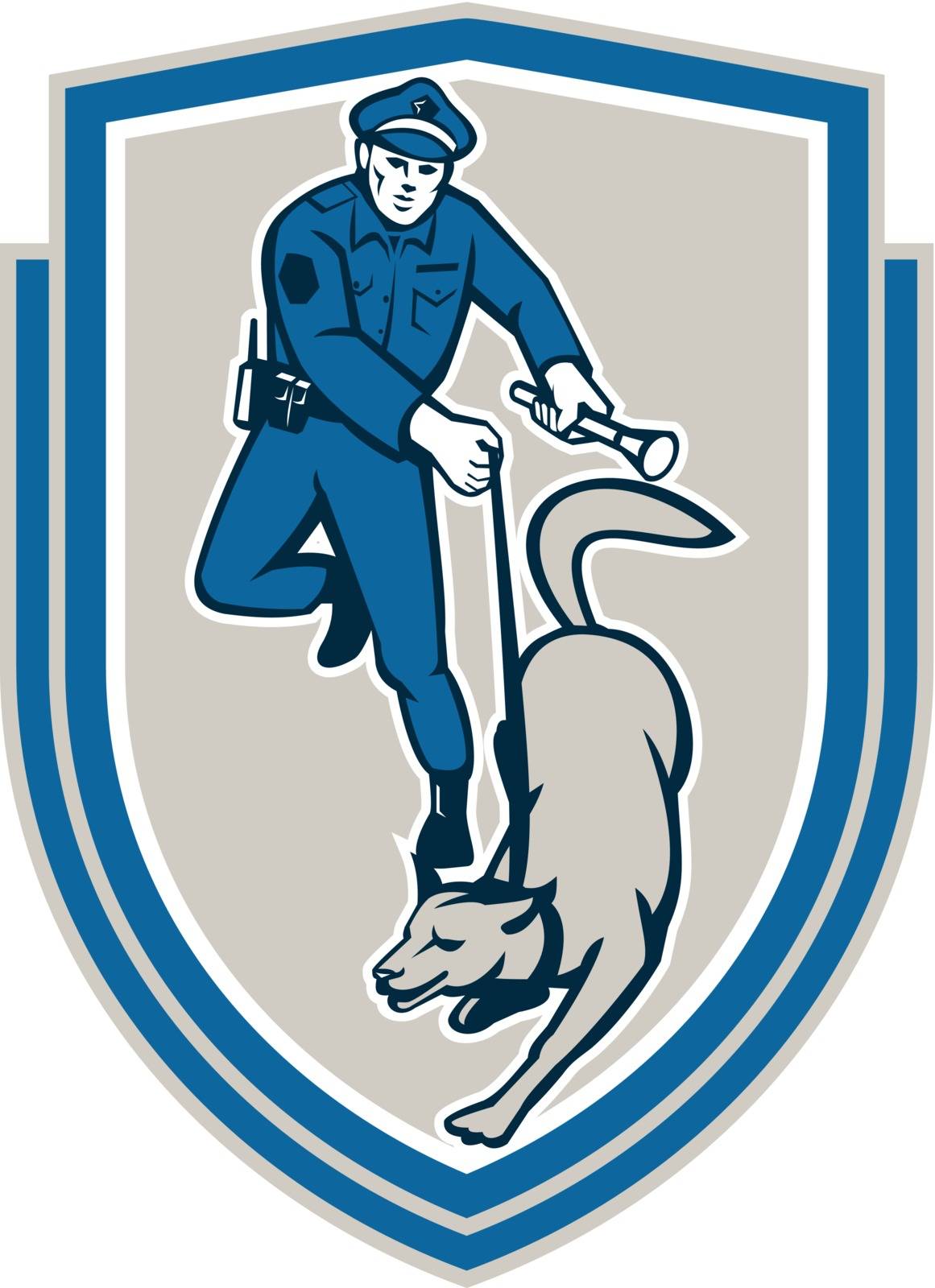 Illustration of a policeman police officer holding torch flashlight with trained police guard dog canine viewed from front set inside shield crest on isolated background done in retro style.