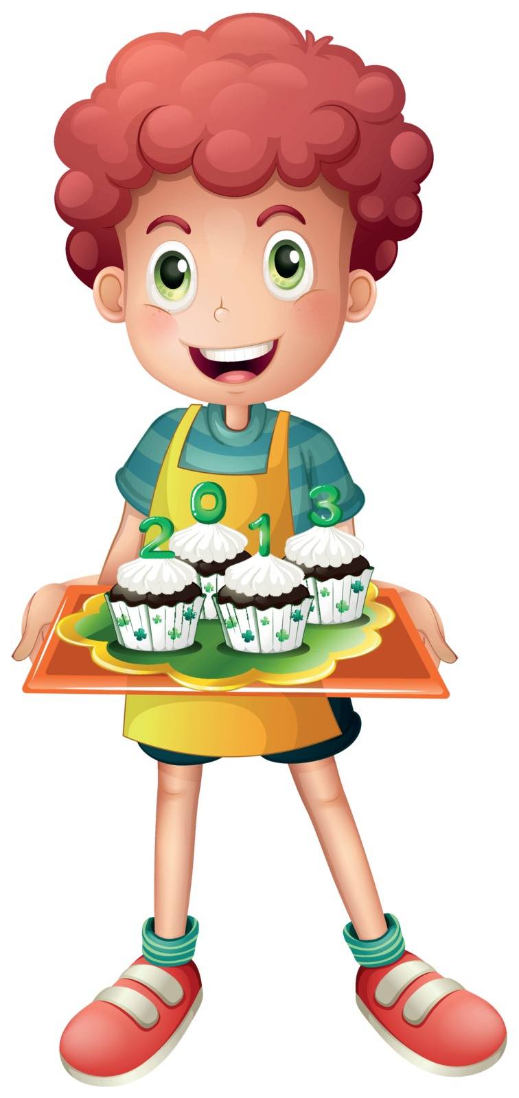 Illustration of a boy holding a tray with four cupcakes on a white background