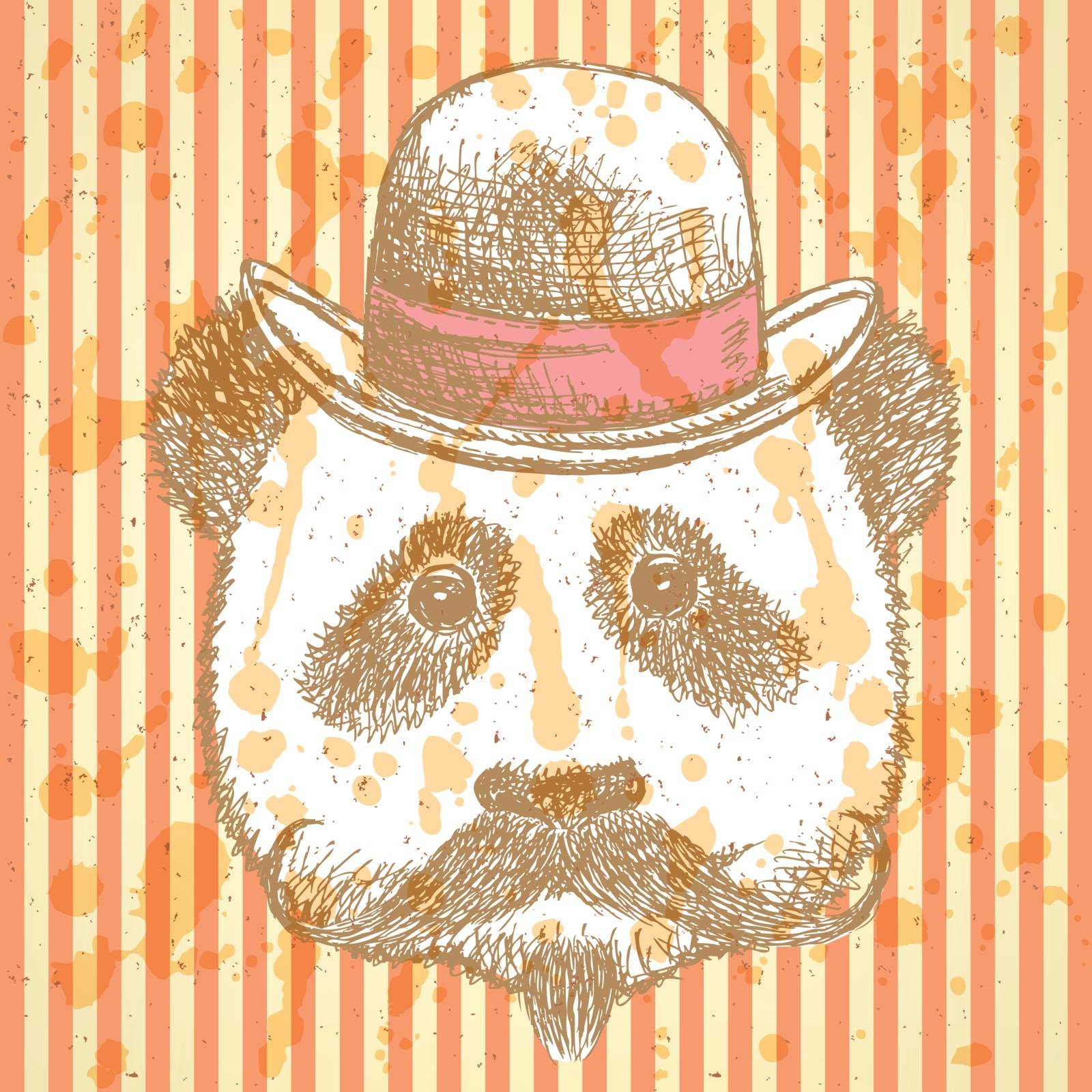 Sketch panda in hat with mustache, vector vintage background

