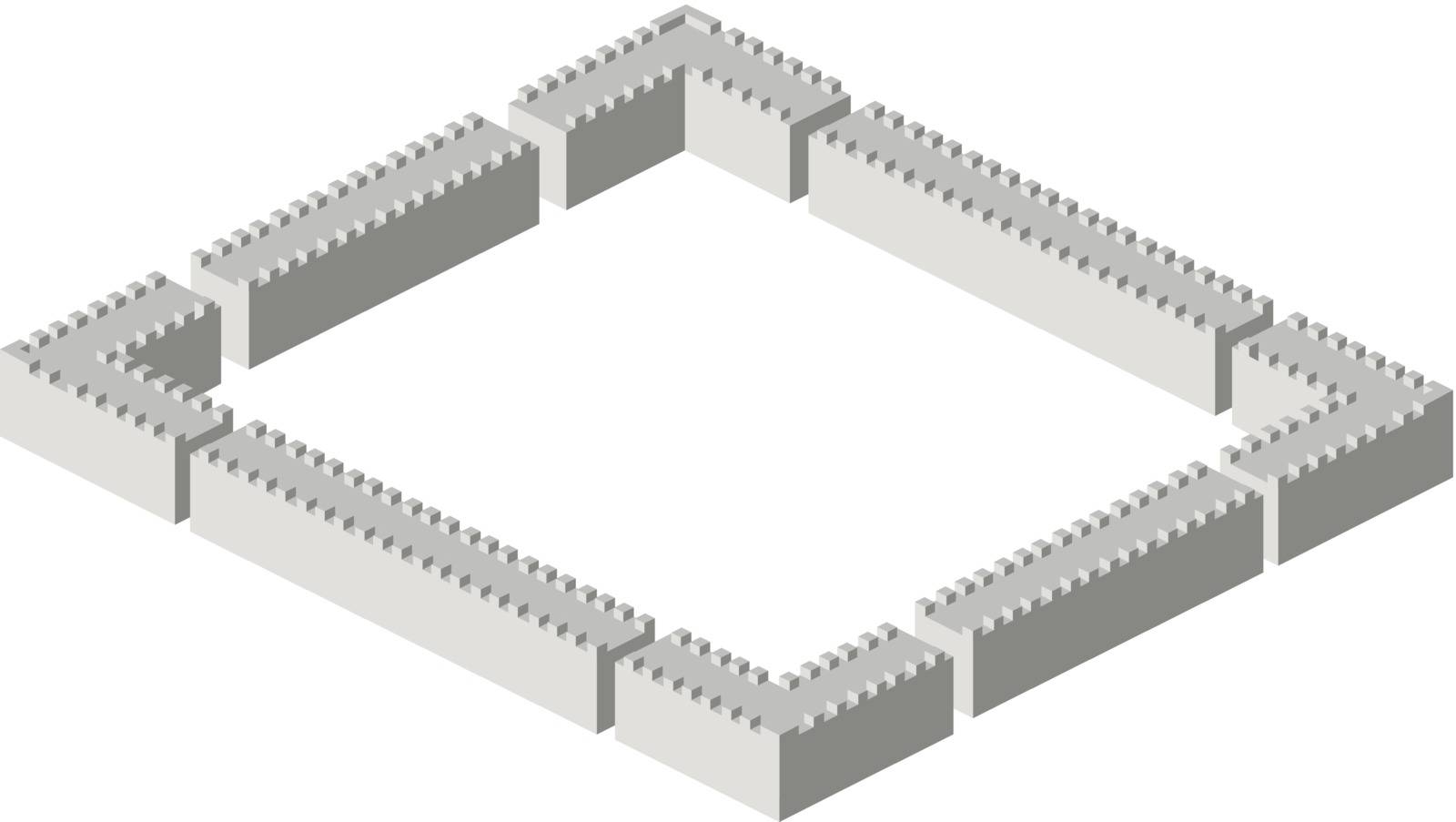 Isometric view of large stone walls and corners