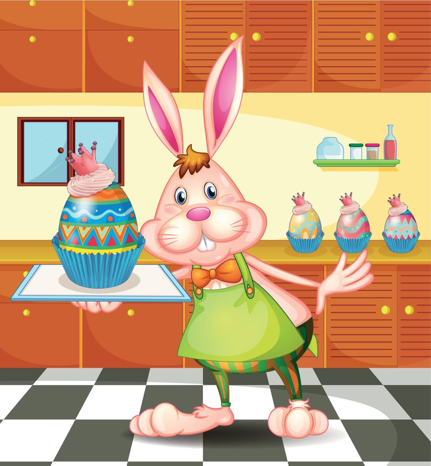 Illustration of a bunny baking an egg-designed cupcakes