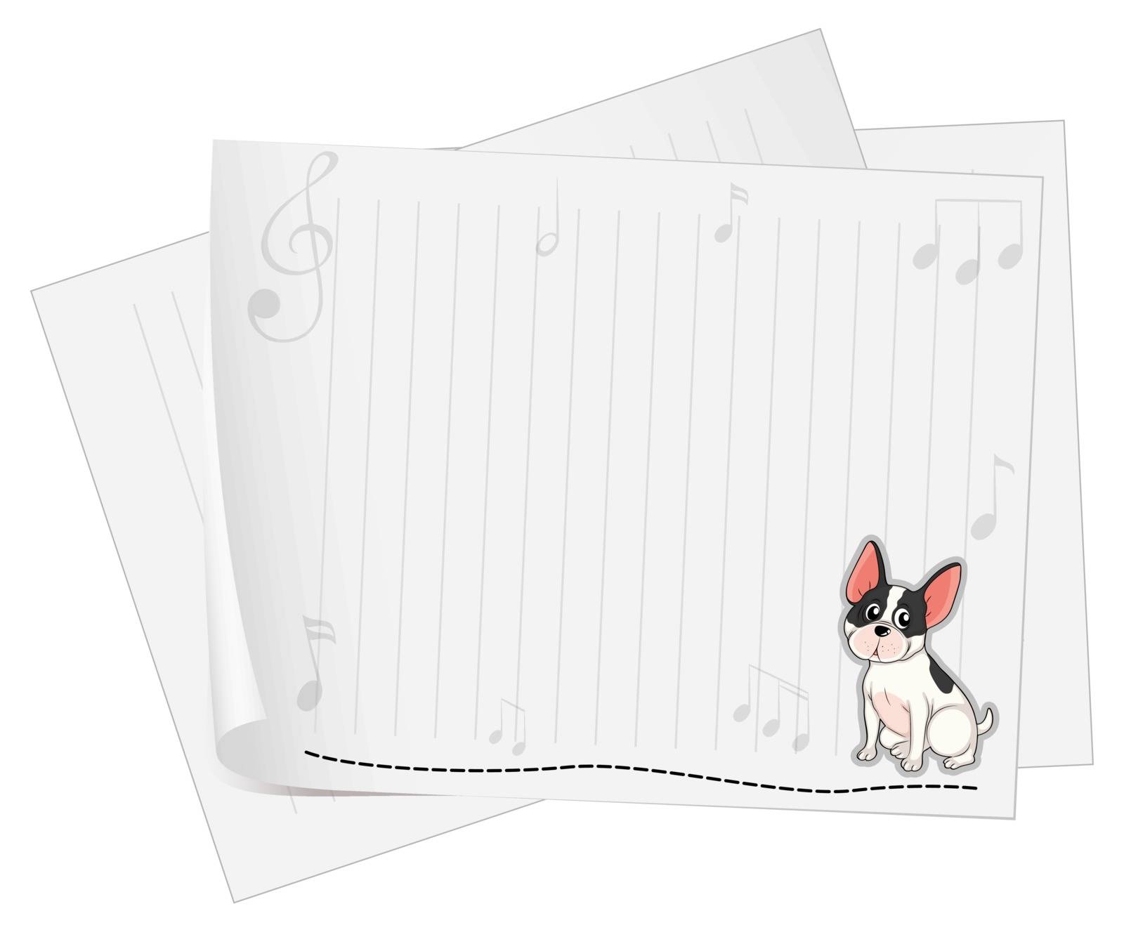 Illustration of a dog printed on a white paper with musical notes on a white background