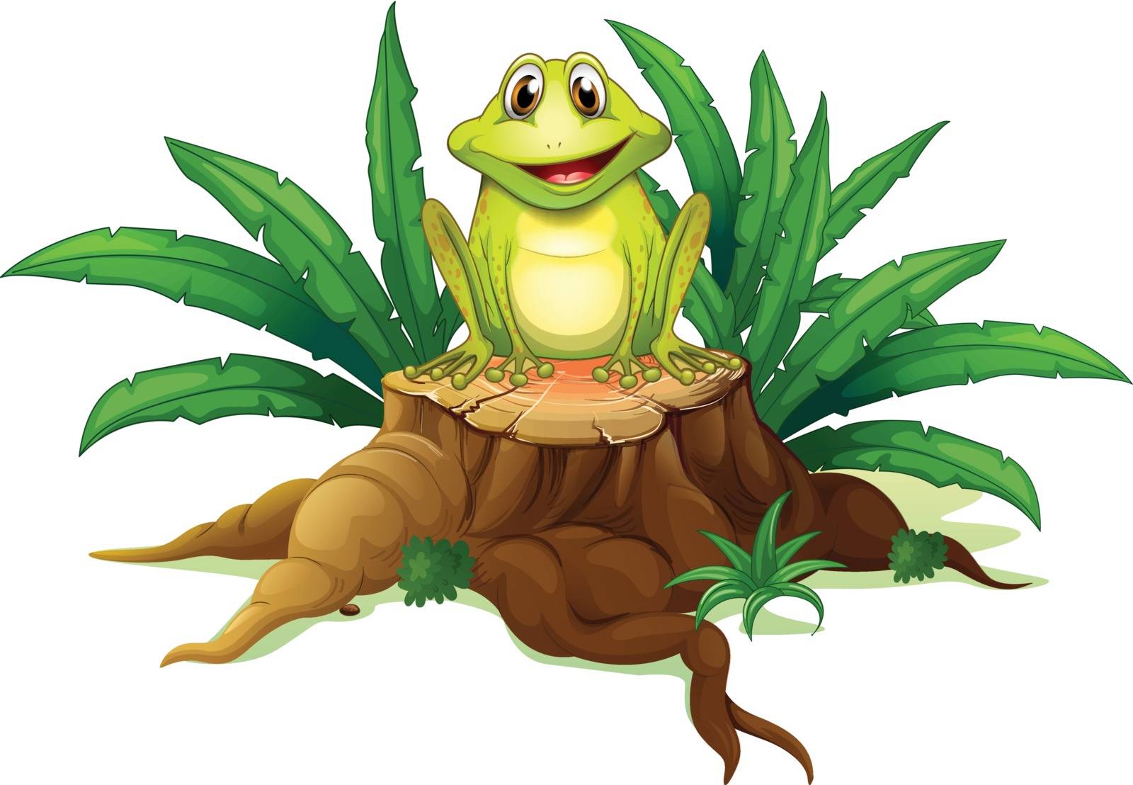 Illustration of a stump with a frog on a white bakcground