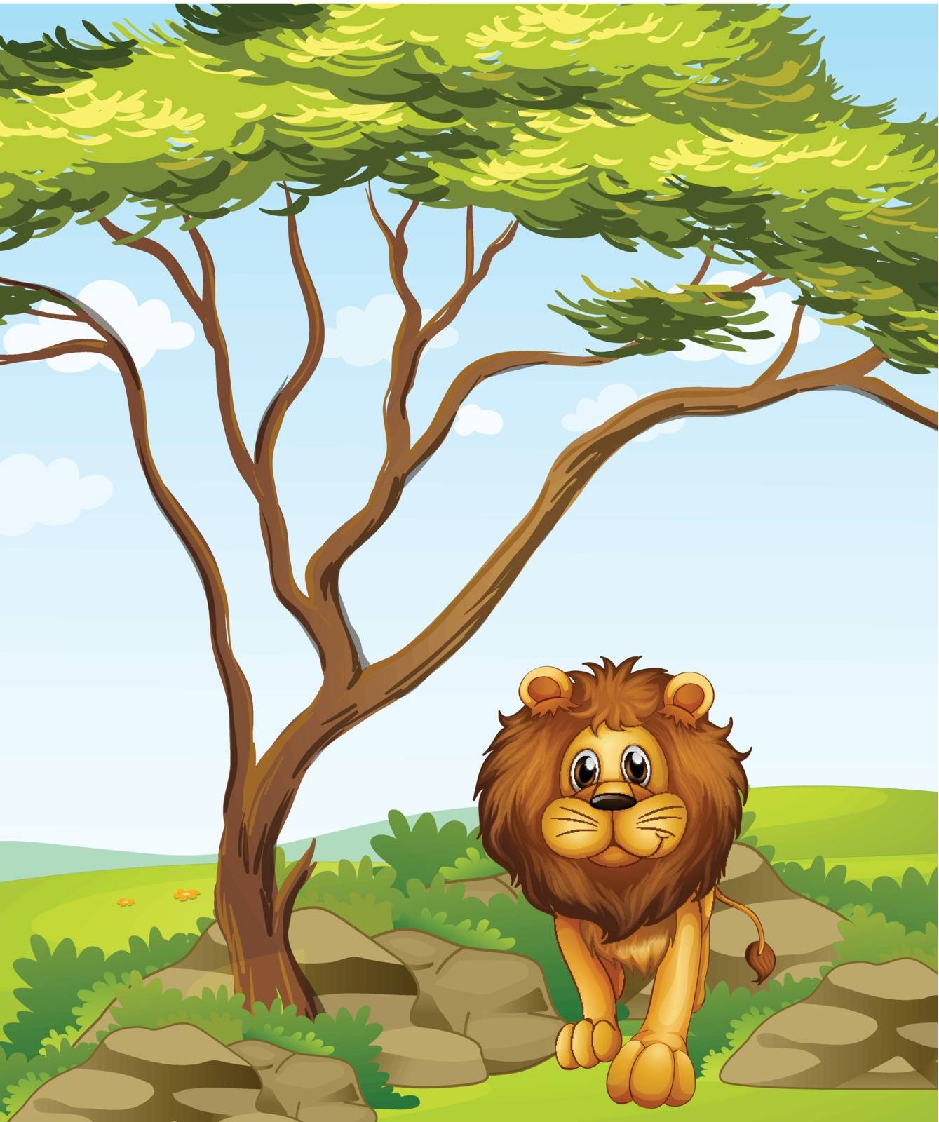 Illustration of a lion under a tall tree