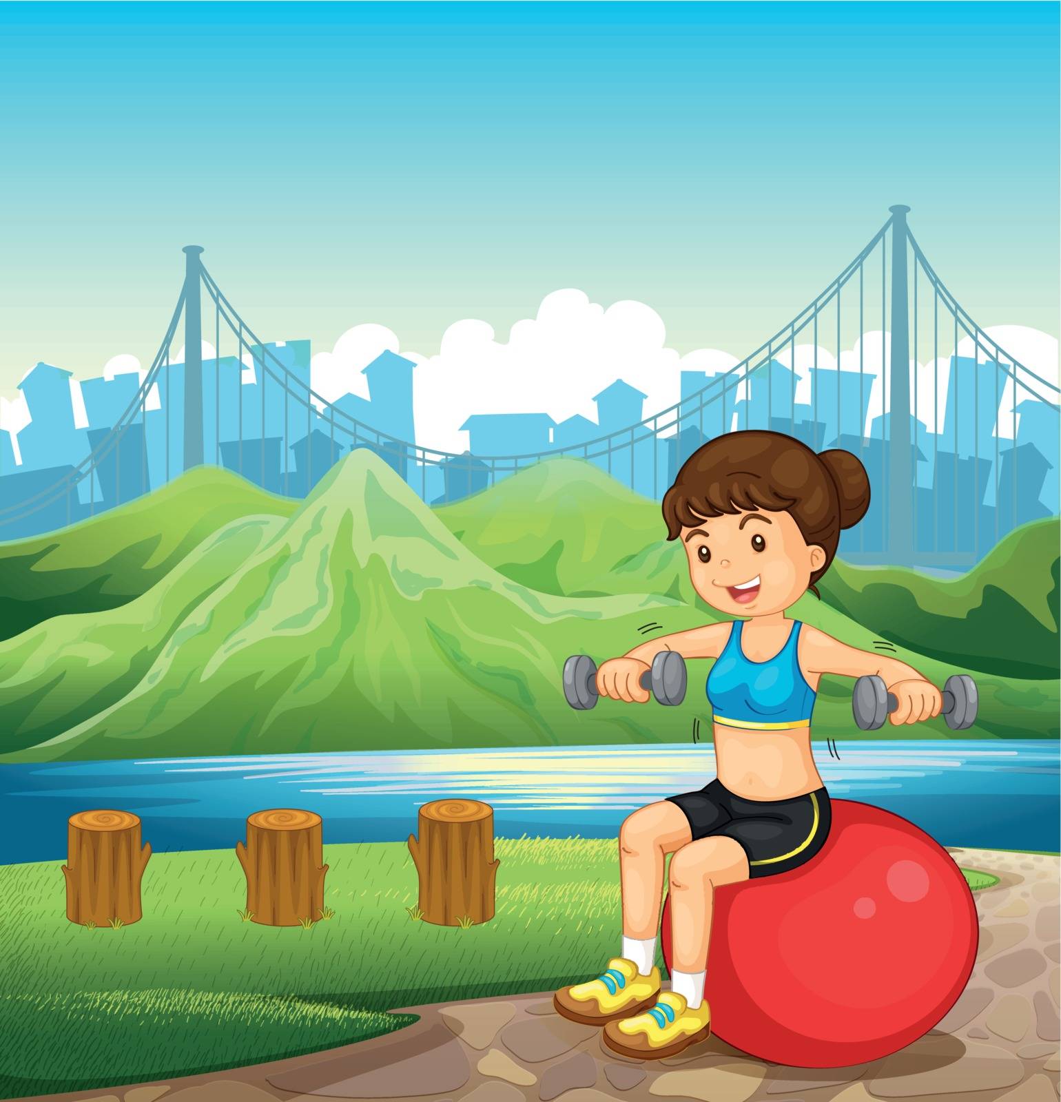 Illustration of a girl making her body fit near the river