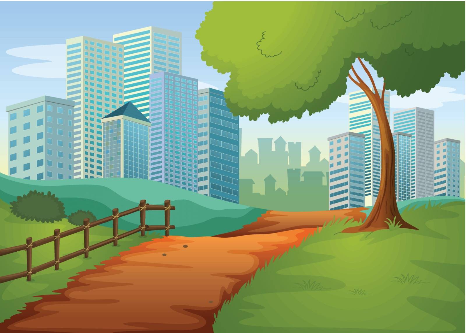 Illustration of a pathway going to the tall buildings