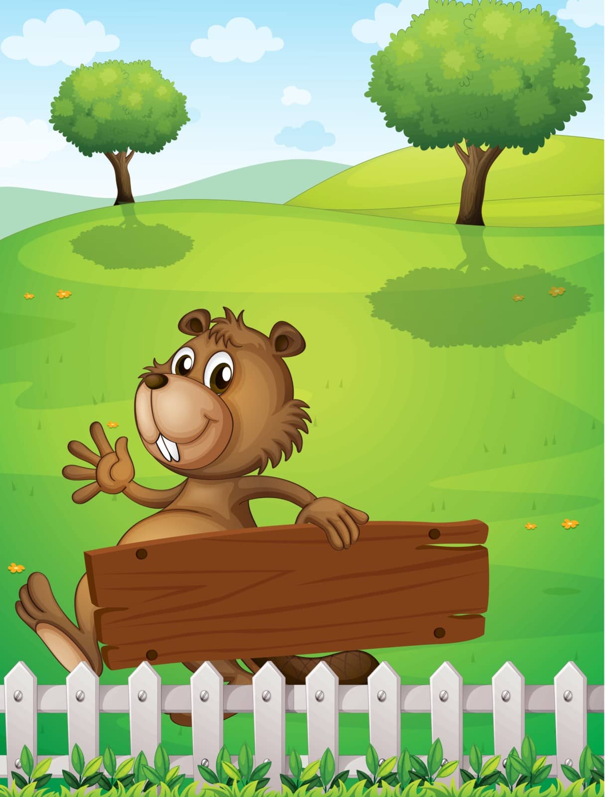 Illustration of a playful beaver near the fence with an empty signboard