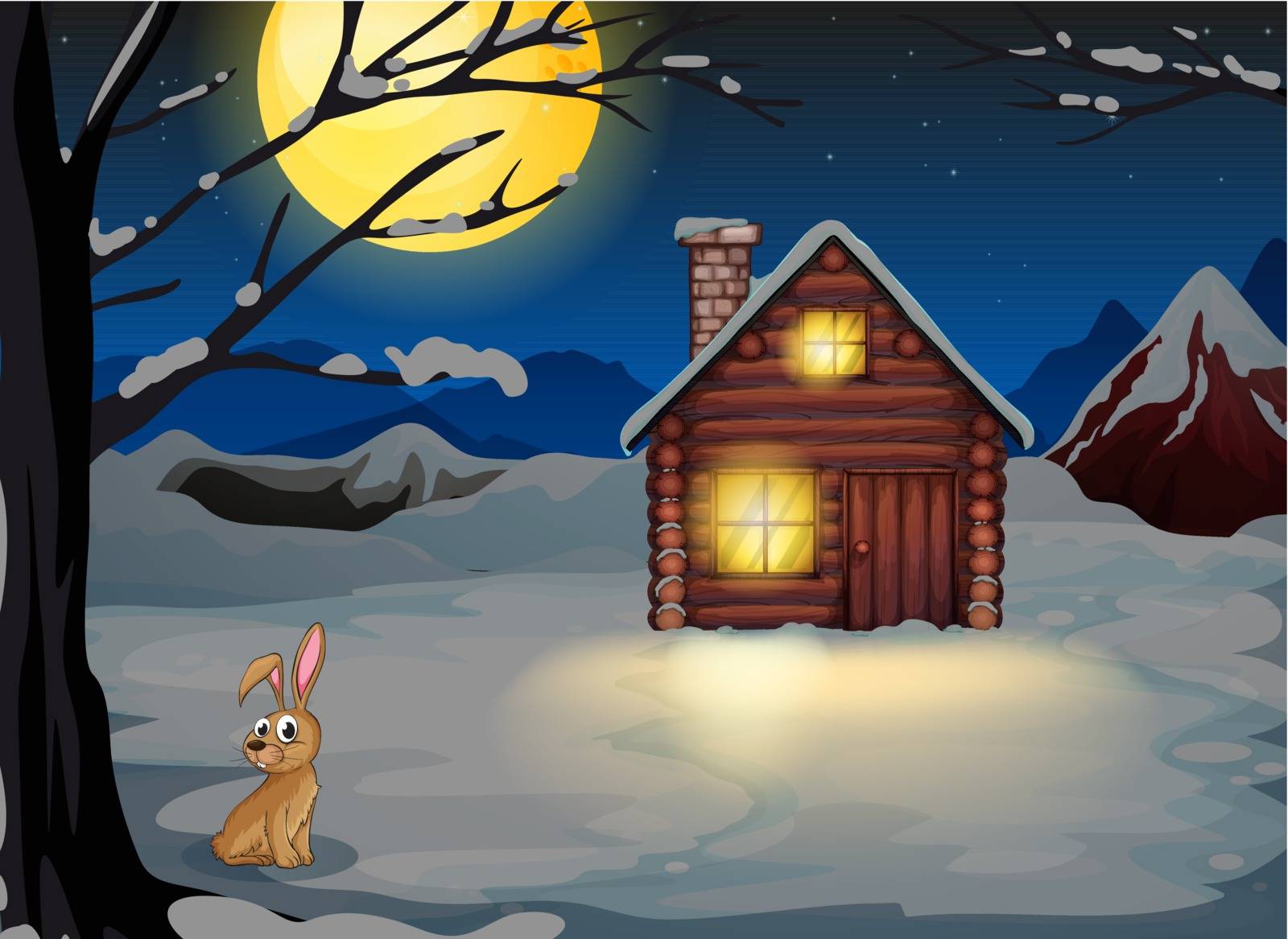 Illustration of a rabbit outside the house in a moonlight scenery