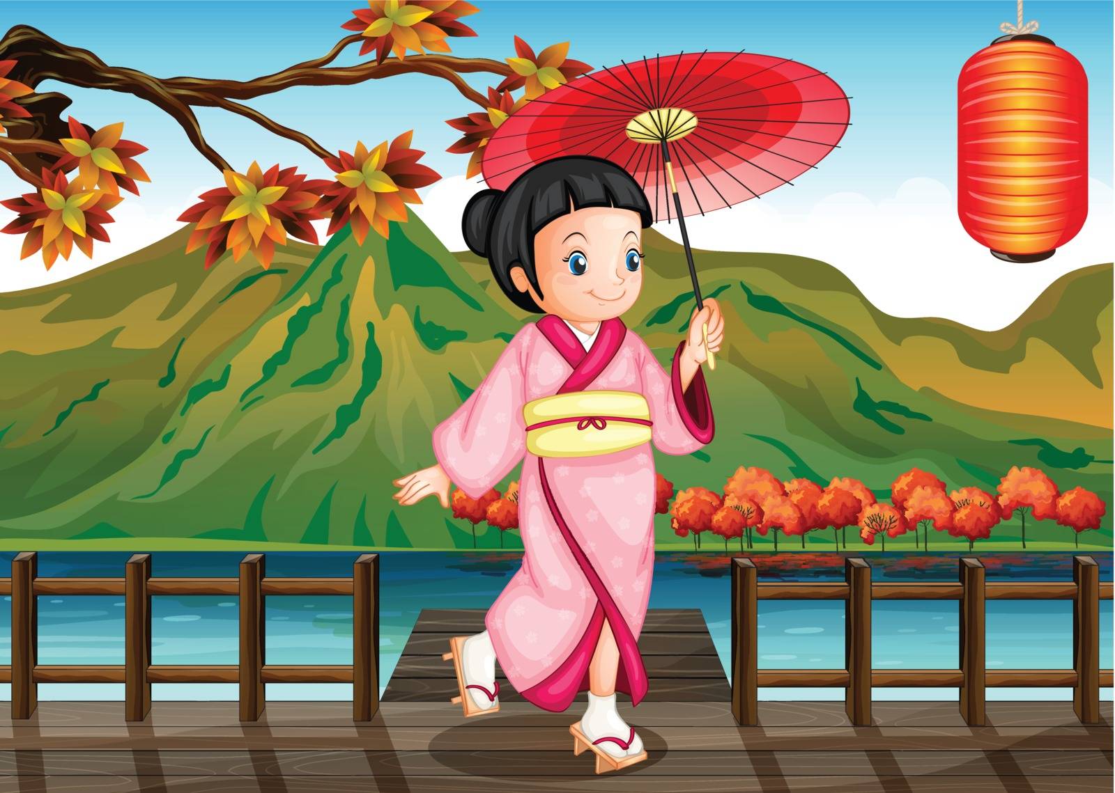 Illustration of a lady wearing a pink kimono with an umbrella
