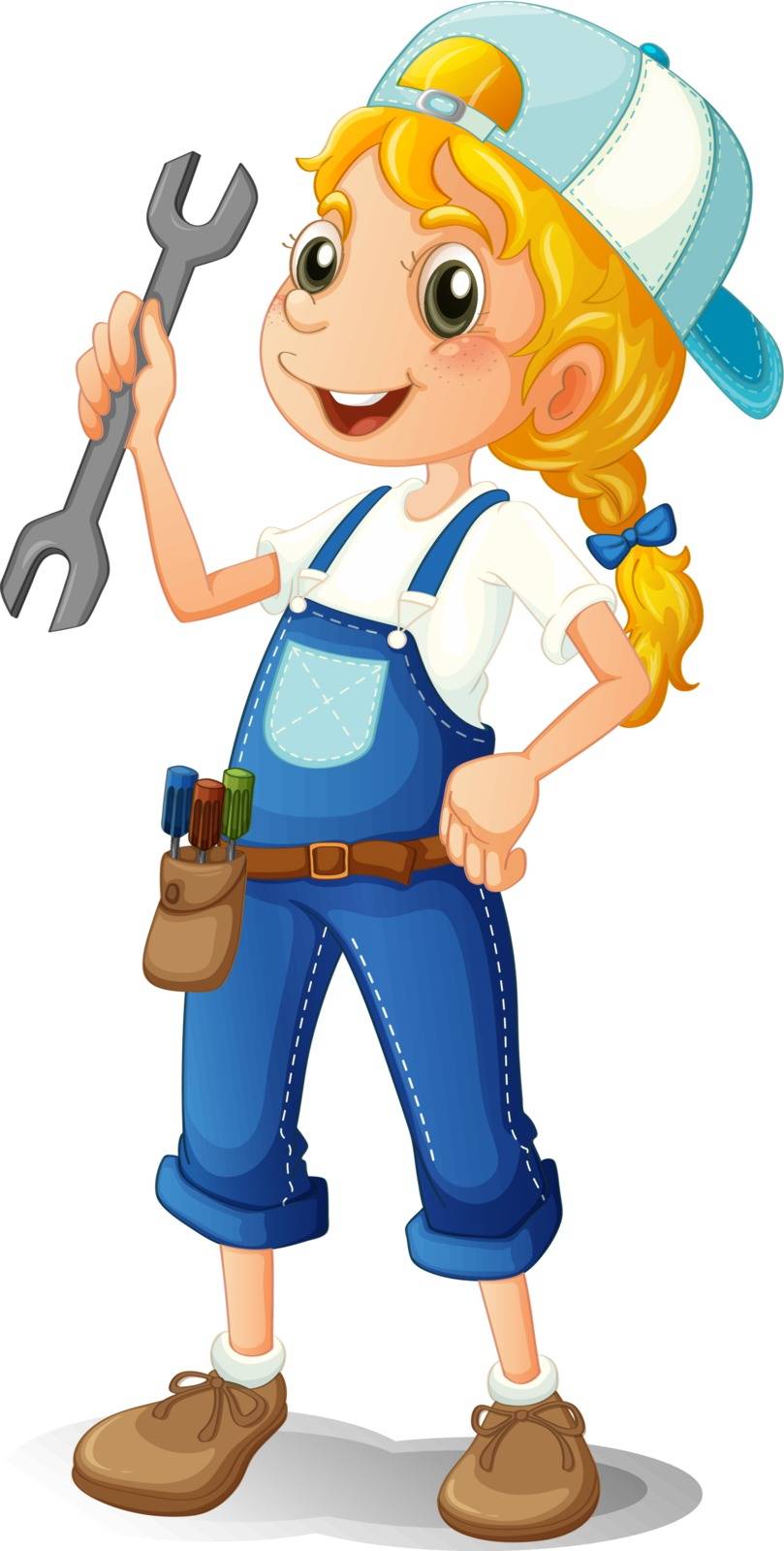 Illustration of a girl holding a tool on a white background