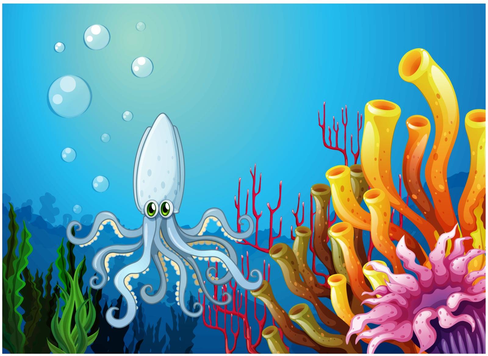 Illustration of a squid under the sea on a white background