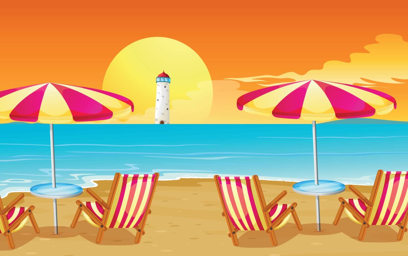 Illustration of the two umbrellas and four chairs at the beach