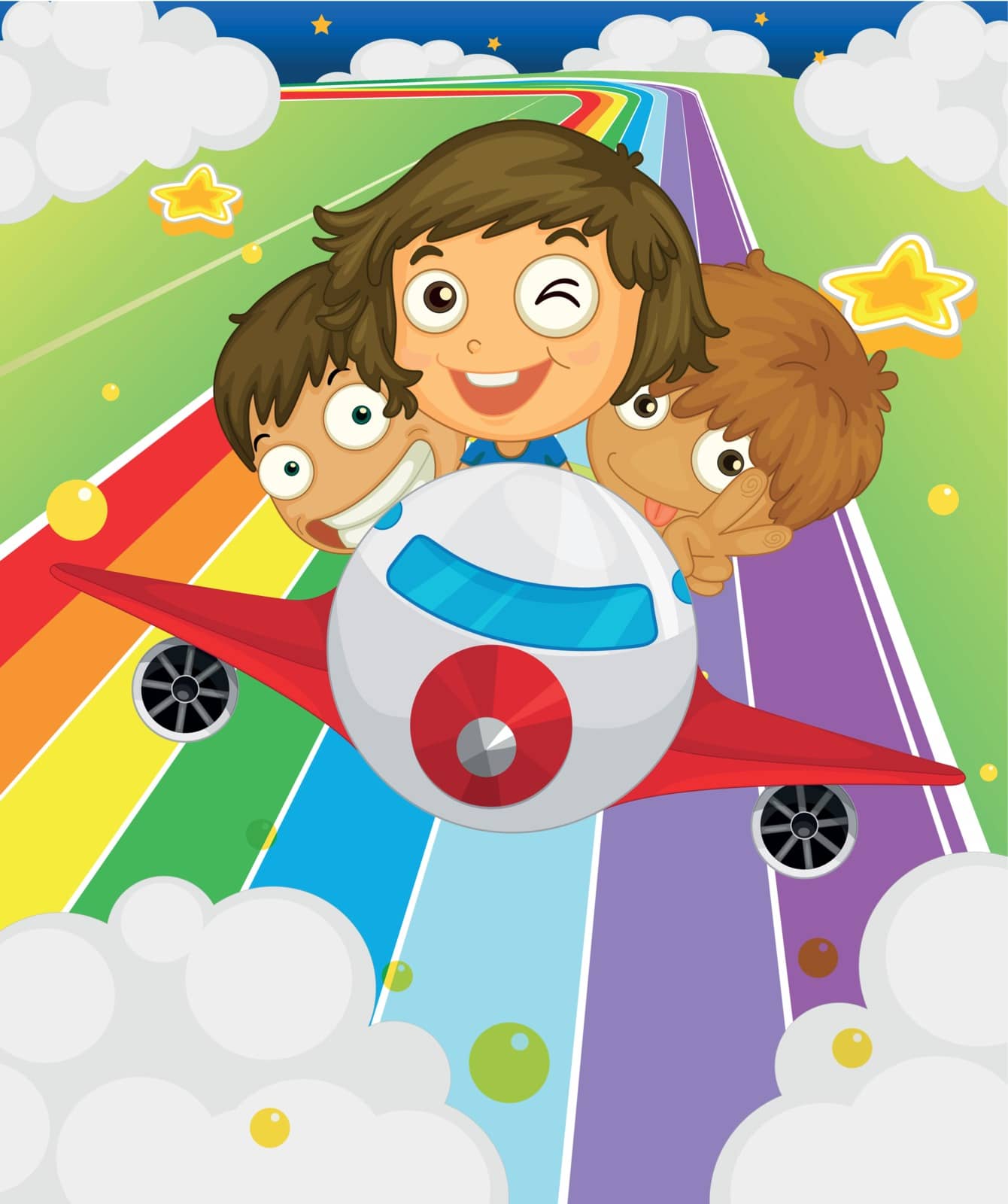 Illustration of a plane with three playful kids