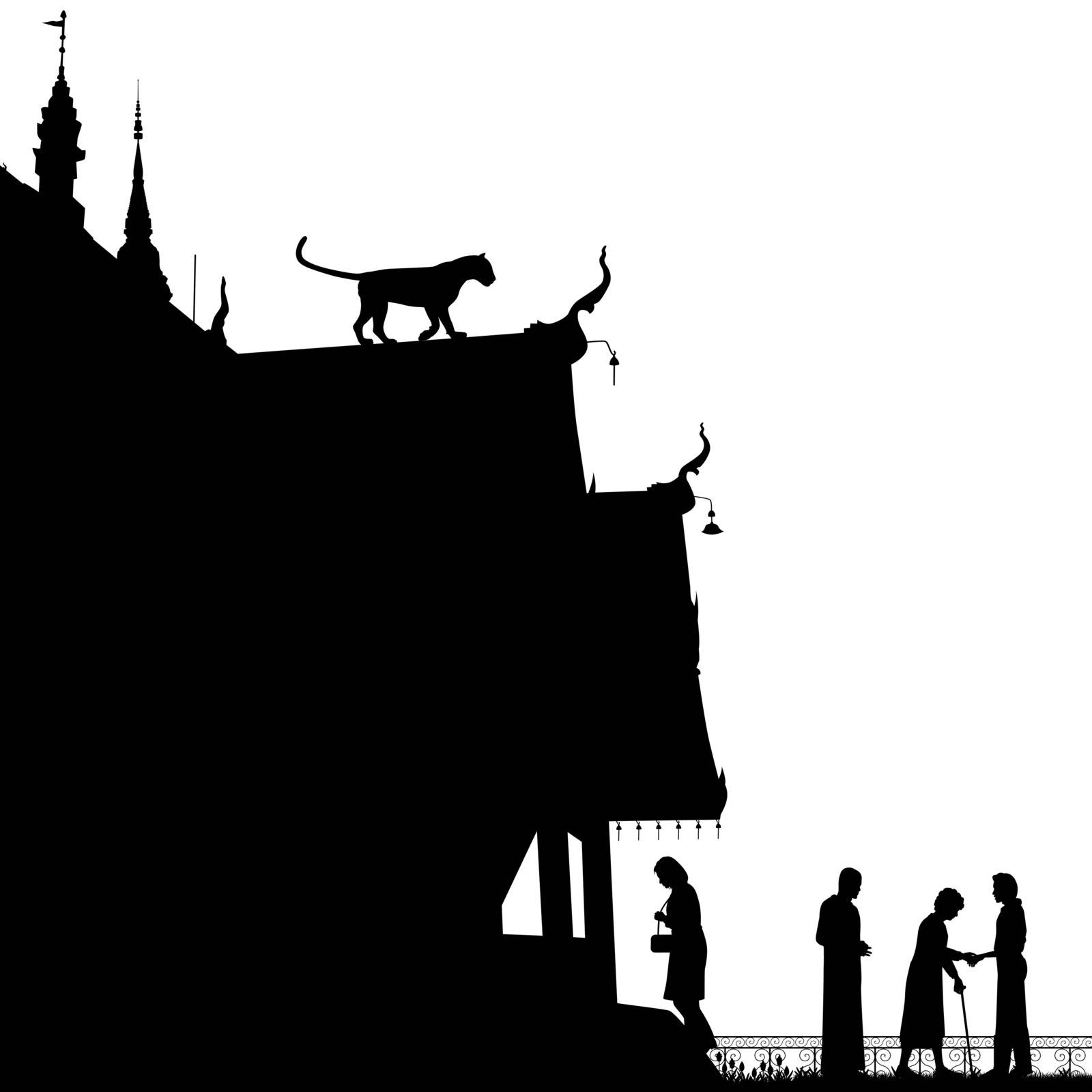 Editable vector silhouette of a leopard on a temple roof with figures as separate objects