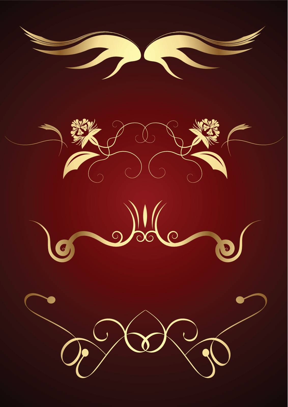 Editable vector golden graphic design elements on dark red background. Easy to change colors.