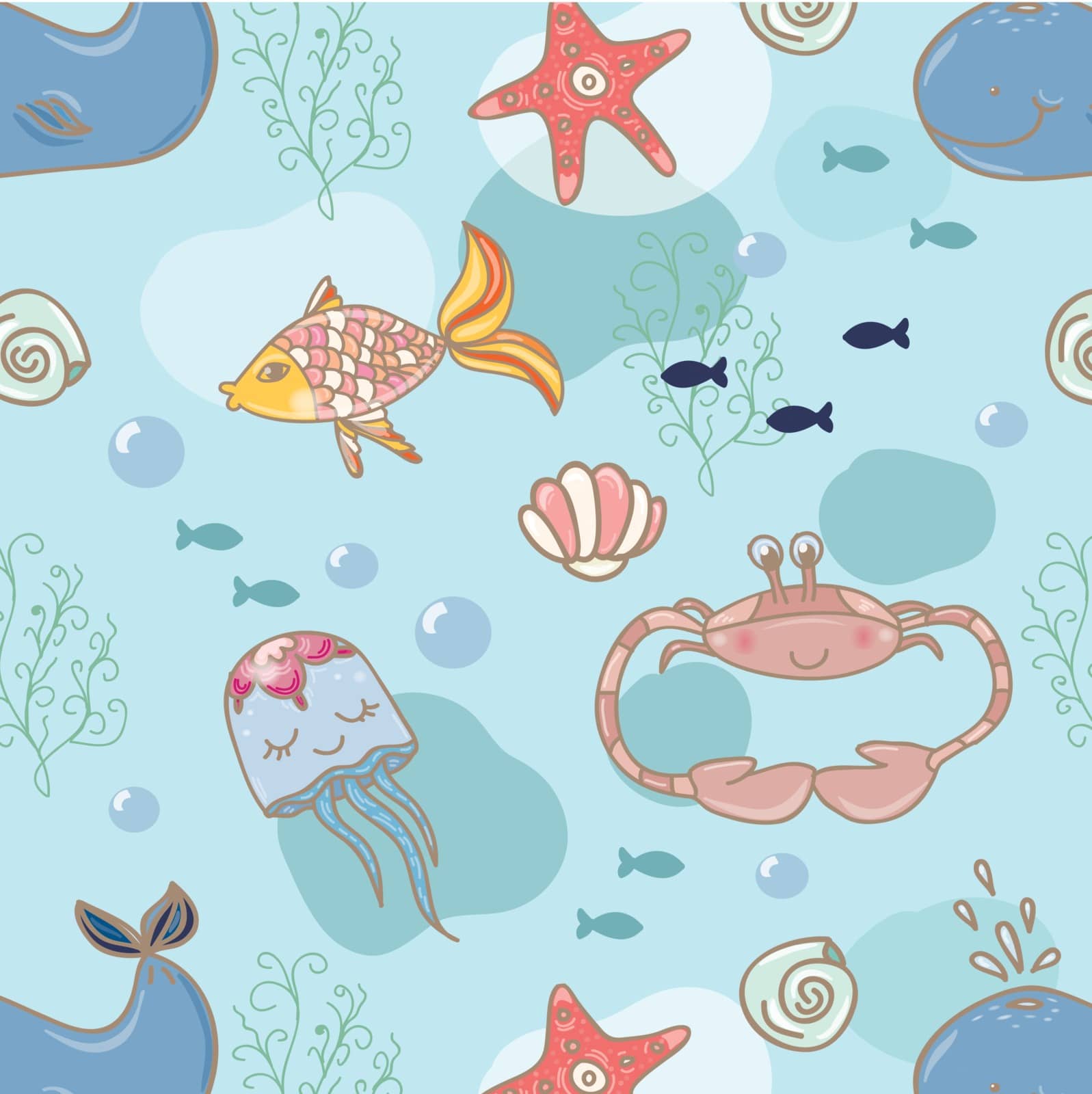 Cartoon marine seamless pattern for design by bordzhiya