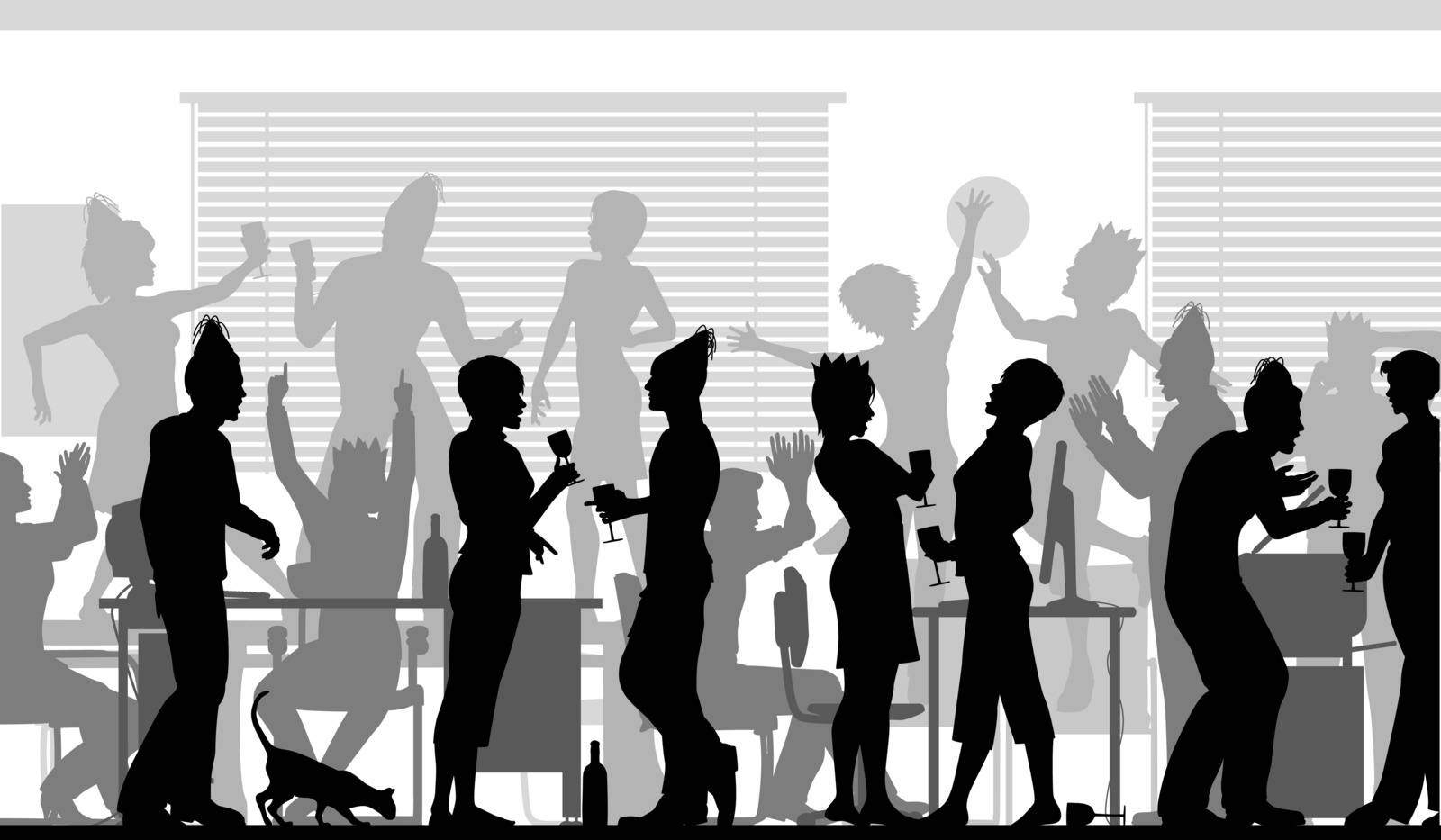 Editable vector silhouettes of business people at an office party with all elements as separate objects