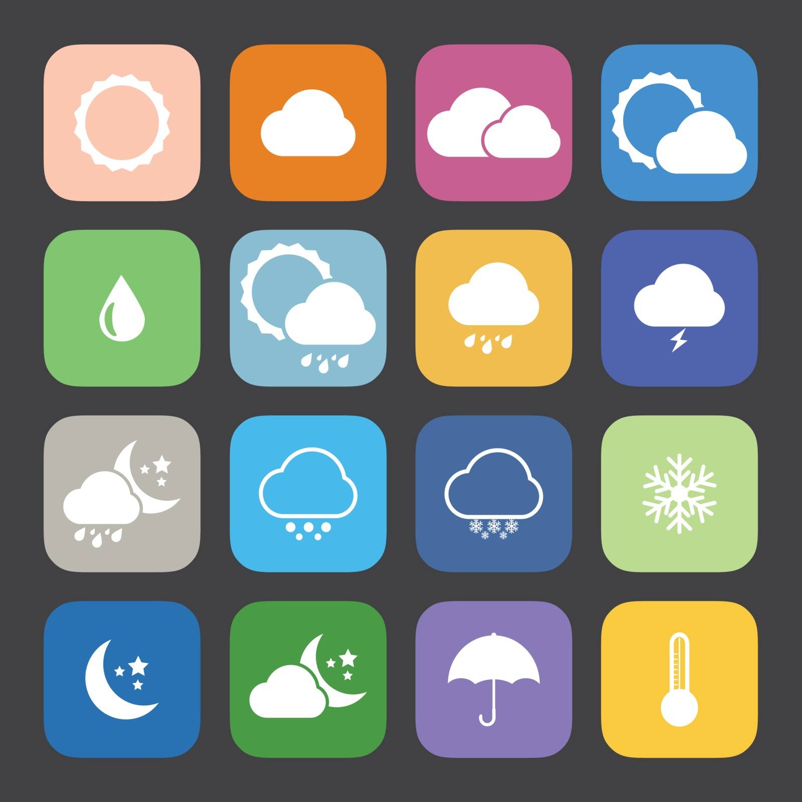 Flat Color style weather icon vector set.