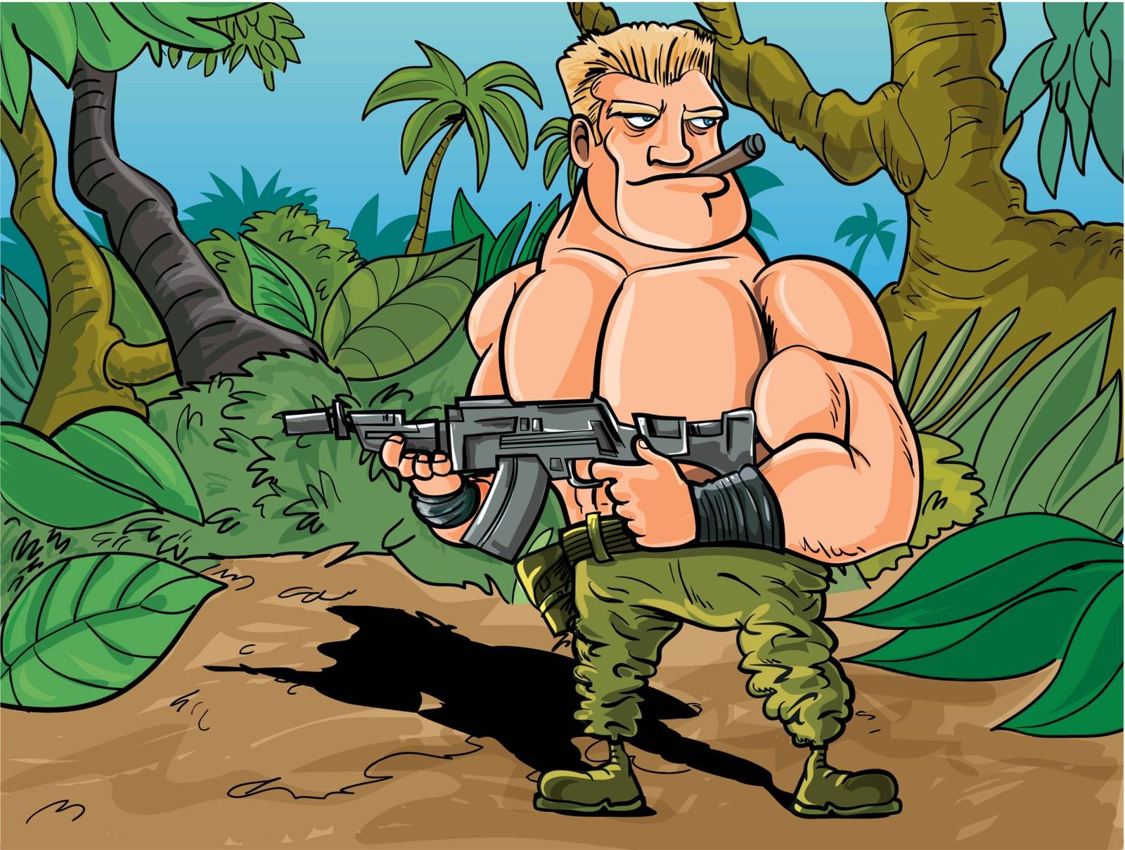 Cartoon muscled soldier in the jungle with his gun