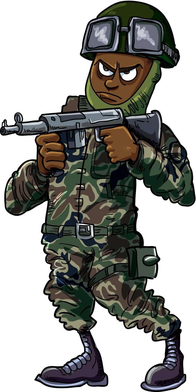 Black cartoon soldier with gun. Isolated on white