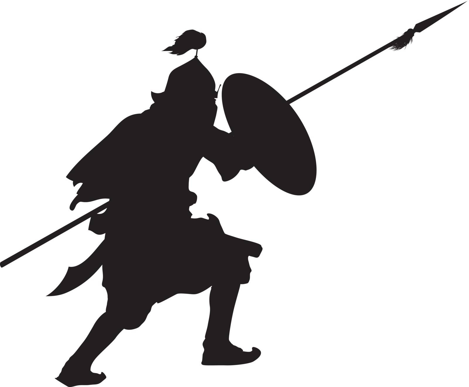 Oriental warrior with shield and spear detailed vector silhouette. EPS 8