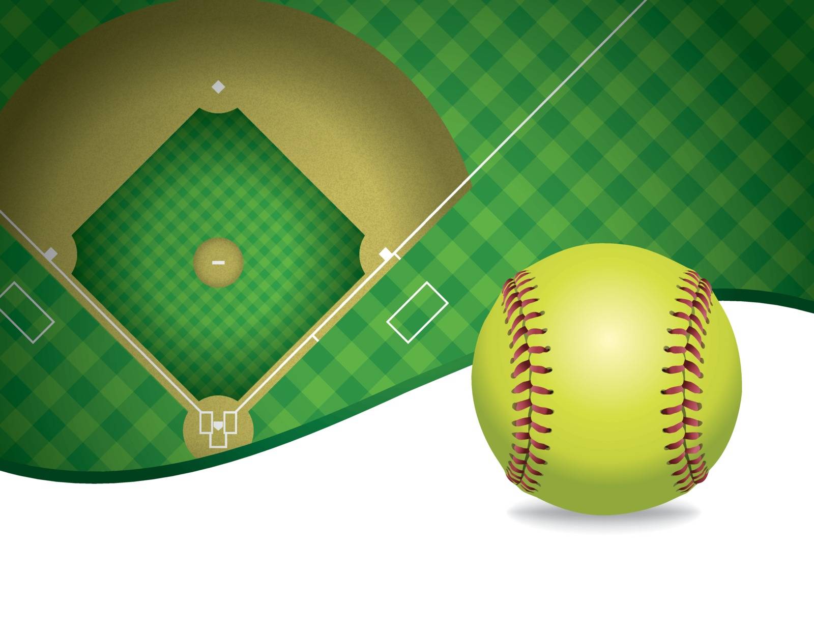 An illustration of a softball and softball field. Room for copy. Vector EPS 10 available. EPS file contains transparencies and gradient mesh.