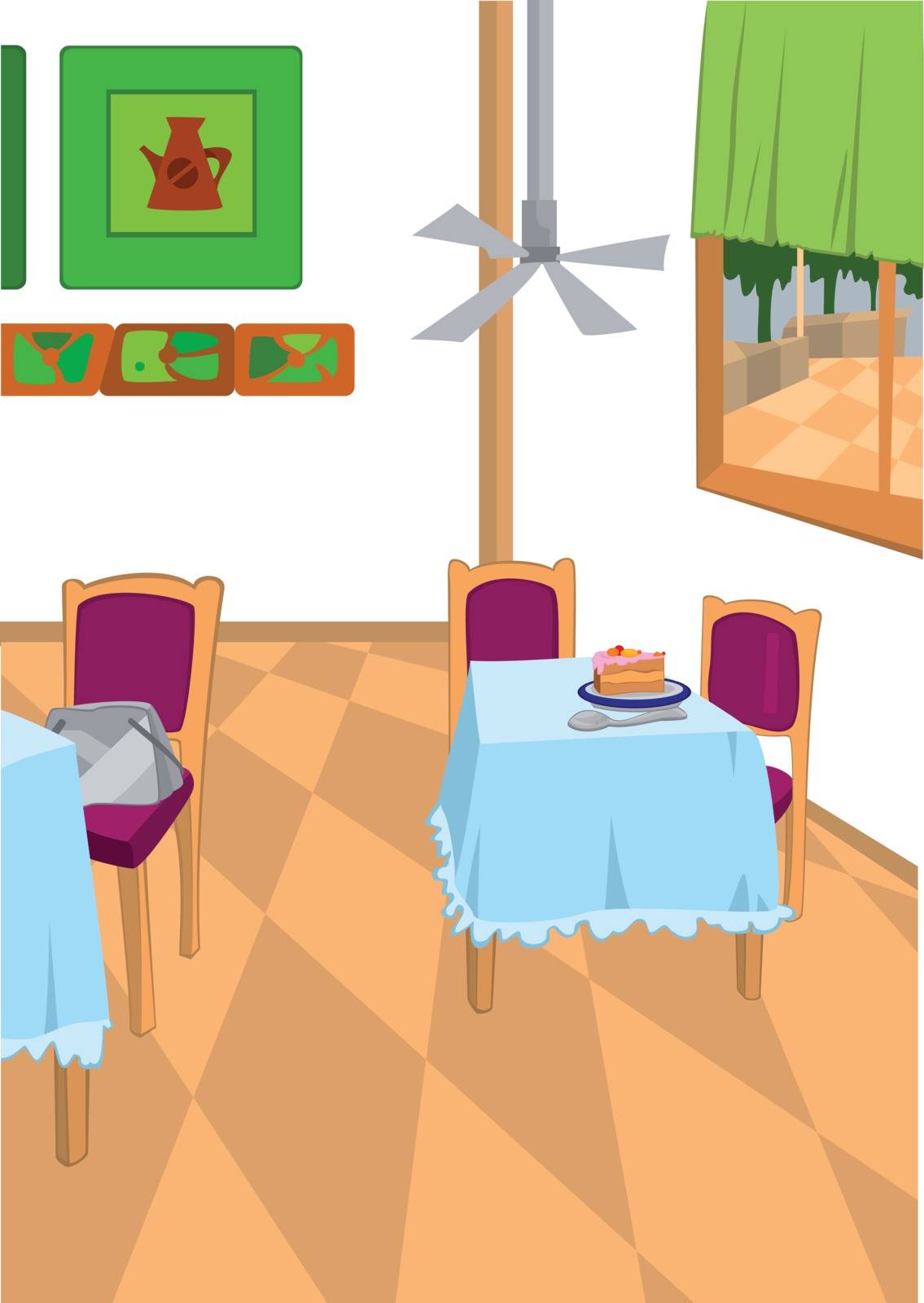 Illustration of retro cartoon interior. Room with two tables, chairs and cake served.




