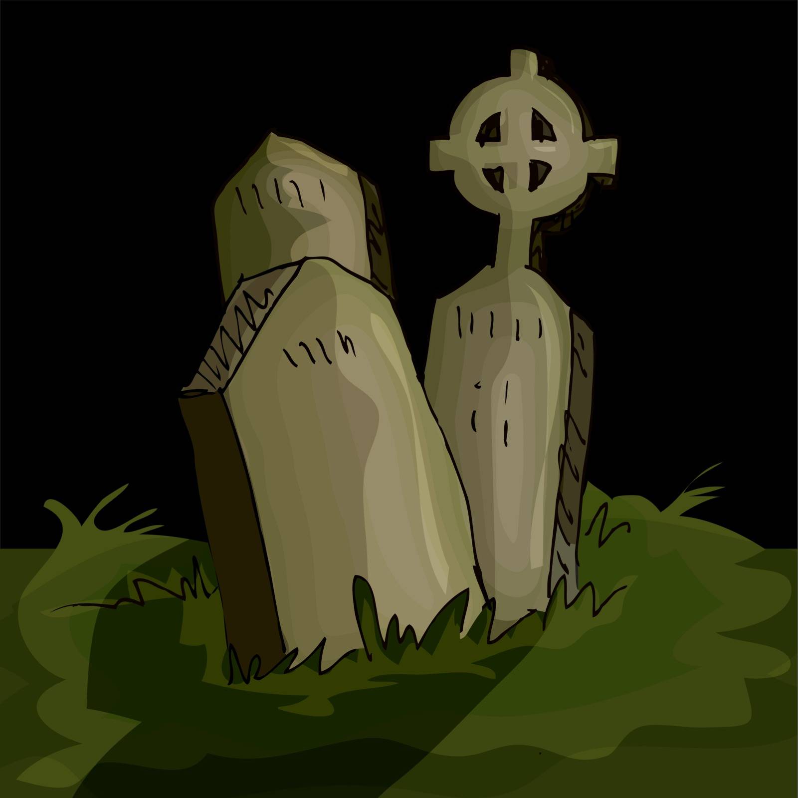 Gravestones in a graveyard in the night time